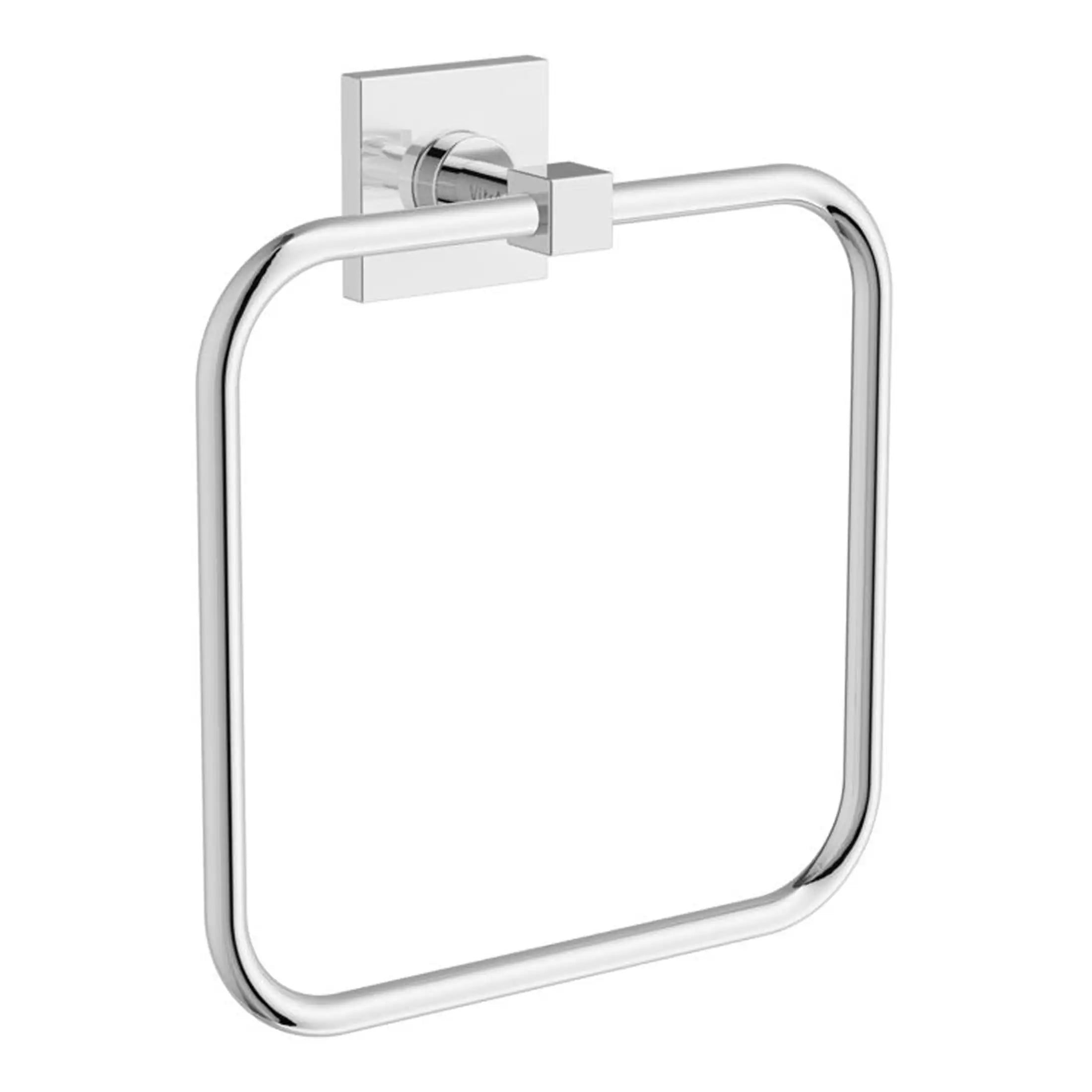 Shower towel rail in polished chrome with square wall mount fitting, ideal for modern bathroom designs. Durable and rust-resistant, perfect for drying towels and adding a sleek touch to your bathroom decor.