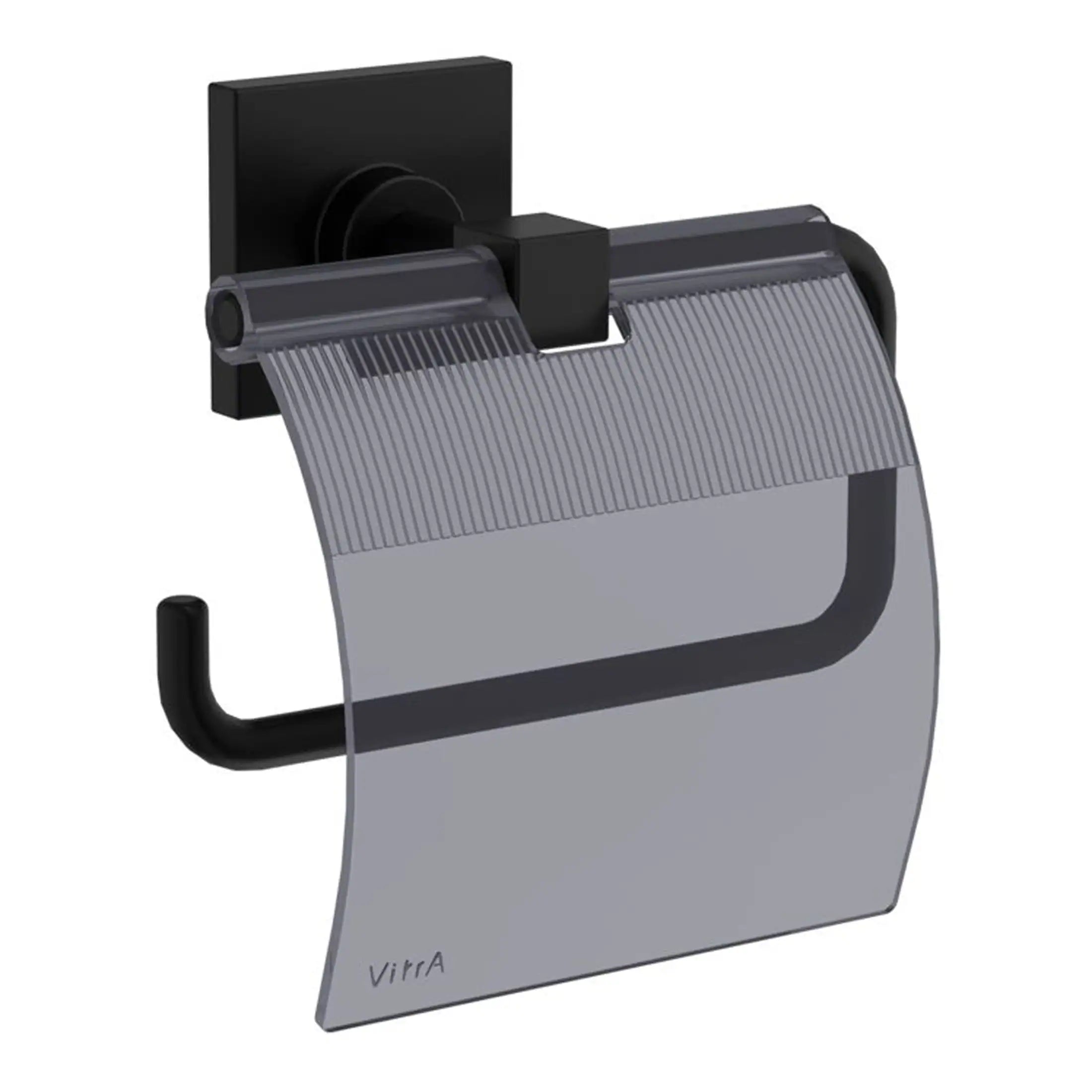 Flexible toilet paper holder with a modern design, matte black wall mount, and durable transparent cover for Bathroom Accessories. Suitable for enhancing your bathroom decor.