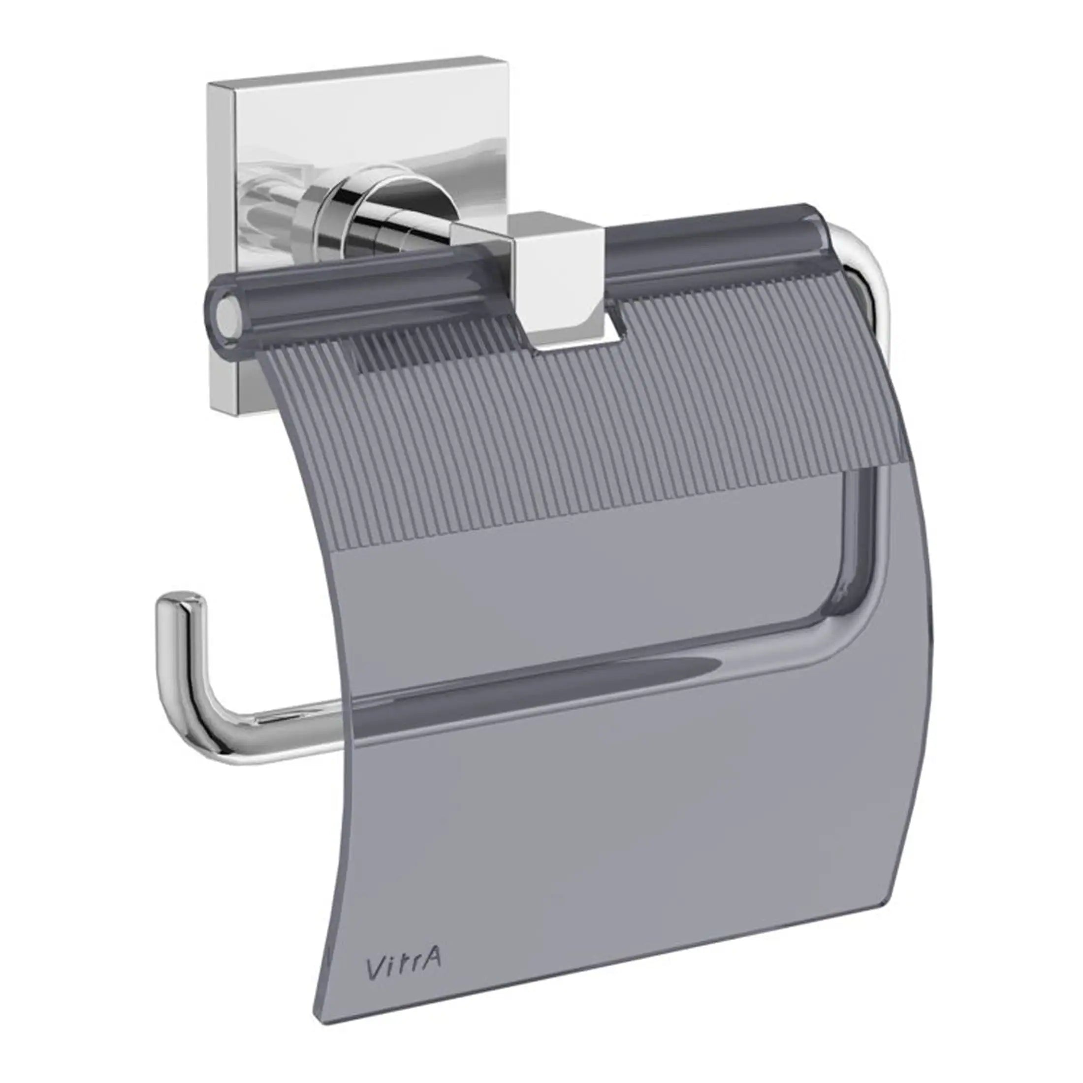 Polished chrome bathroom toilet paper holder with a sleek modern design, featuring a transparent toilet paper roll and towel bar, ideal for contemporary bathroom interiors.