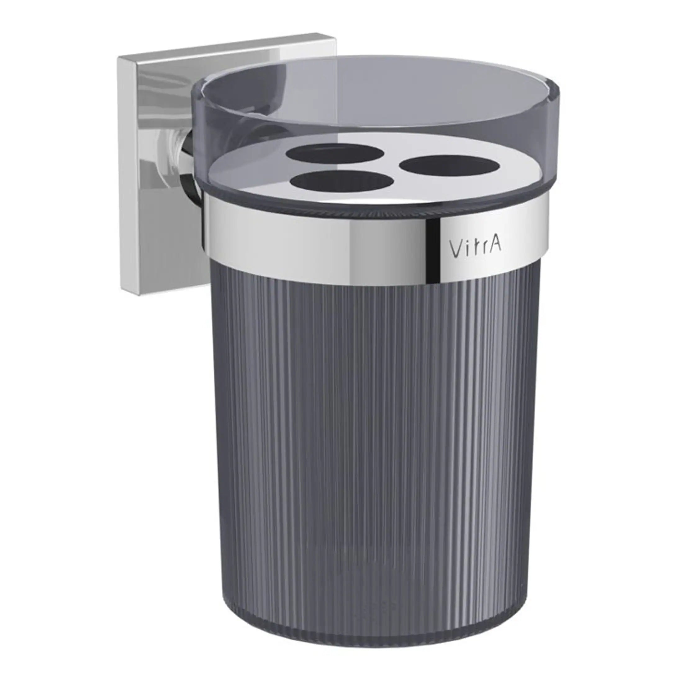 Stylish modern bathroom waste bin with a sleek ribbed grey exterior and a clear lid, perfect for contemporary bathroom organisation and waste management.