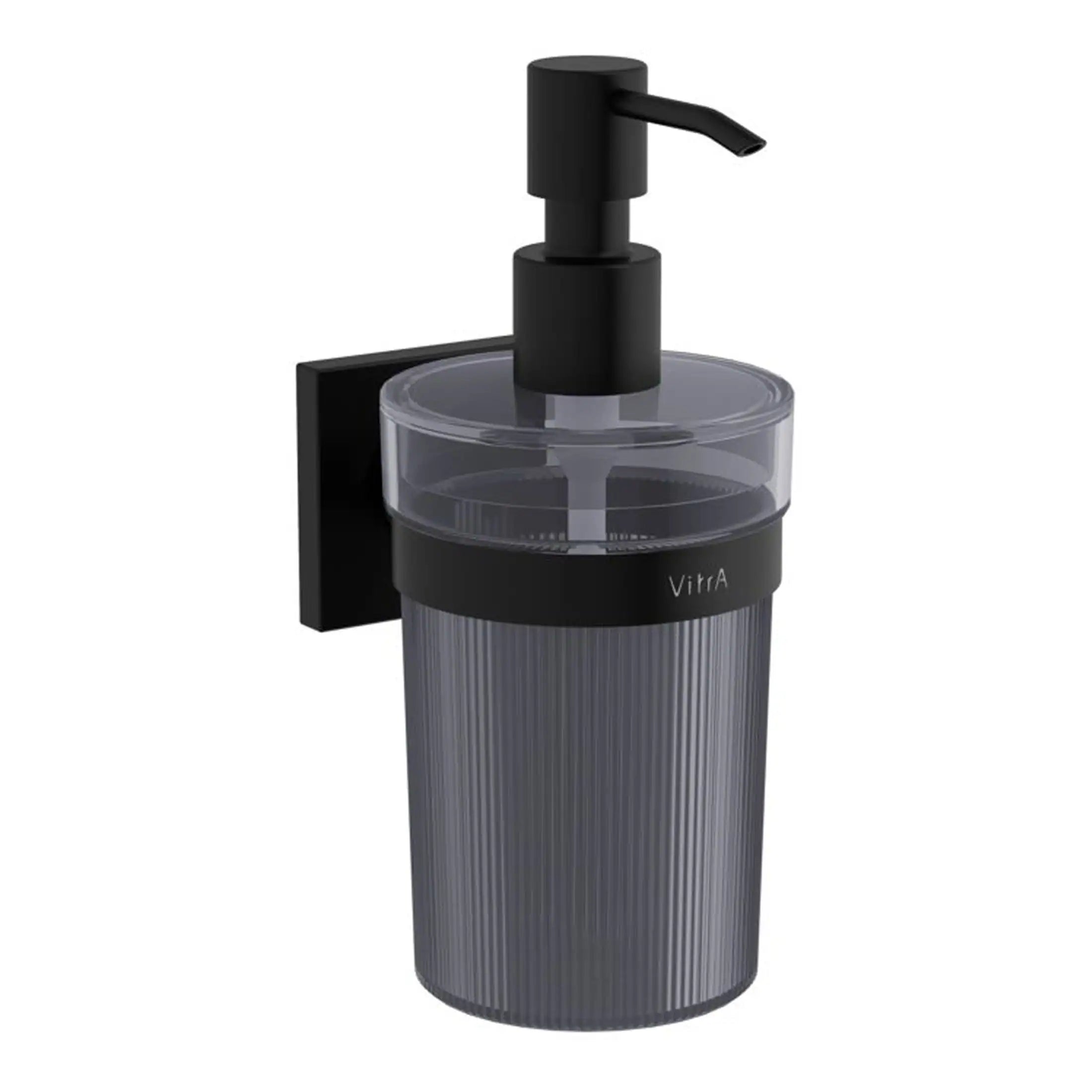 Sleek black soap dispenser mounted on a wall with a transparent container for bathroom or kitchen use.