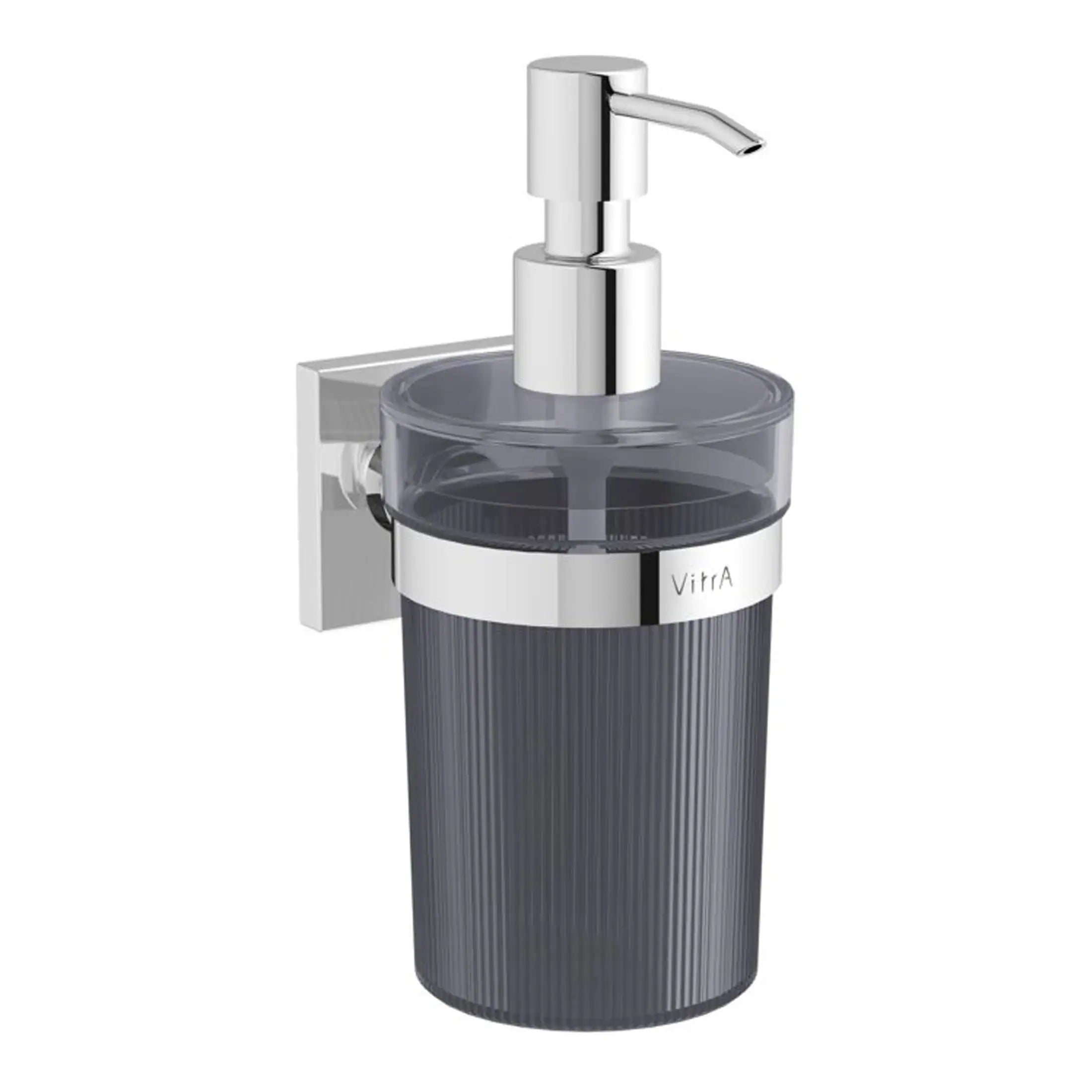 Sleek contemporary bathroom soap dispenser with chrome finish and grey textured body, ideal for modern bathroom decor and hygiene.