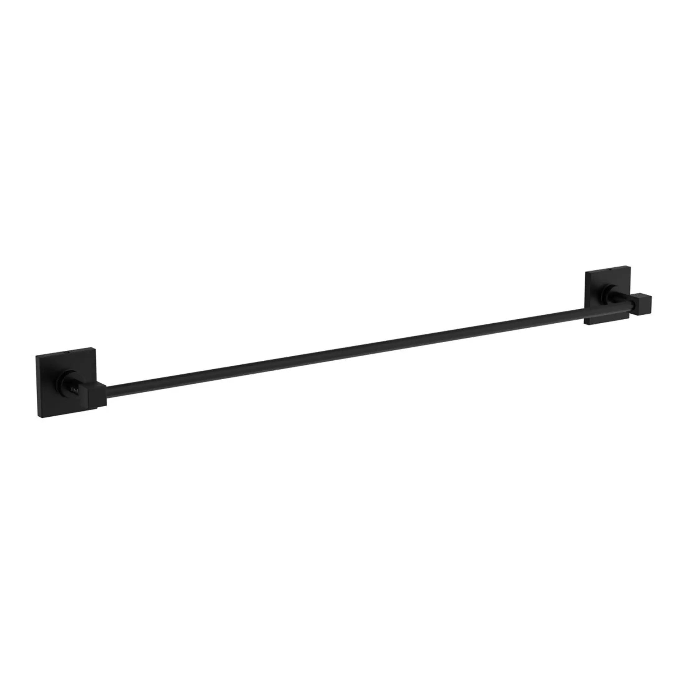 Minimalist black towel rail with square mounting brackets for modern bathroom decor. Perfect for towel storage and adding sleek style to any contemporary bathroom space.