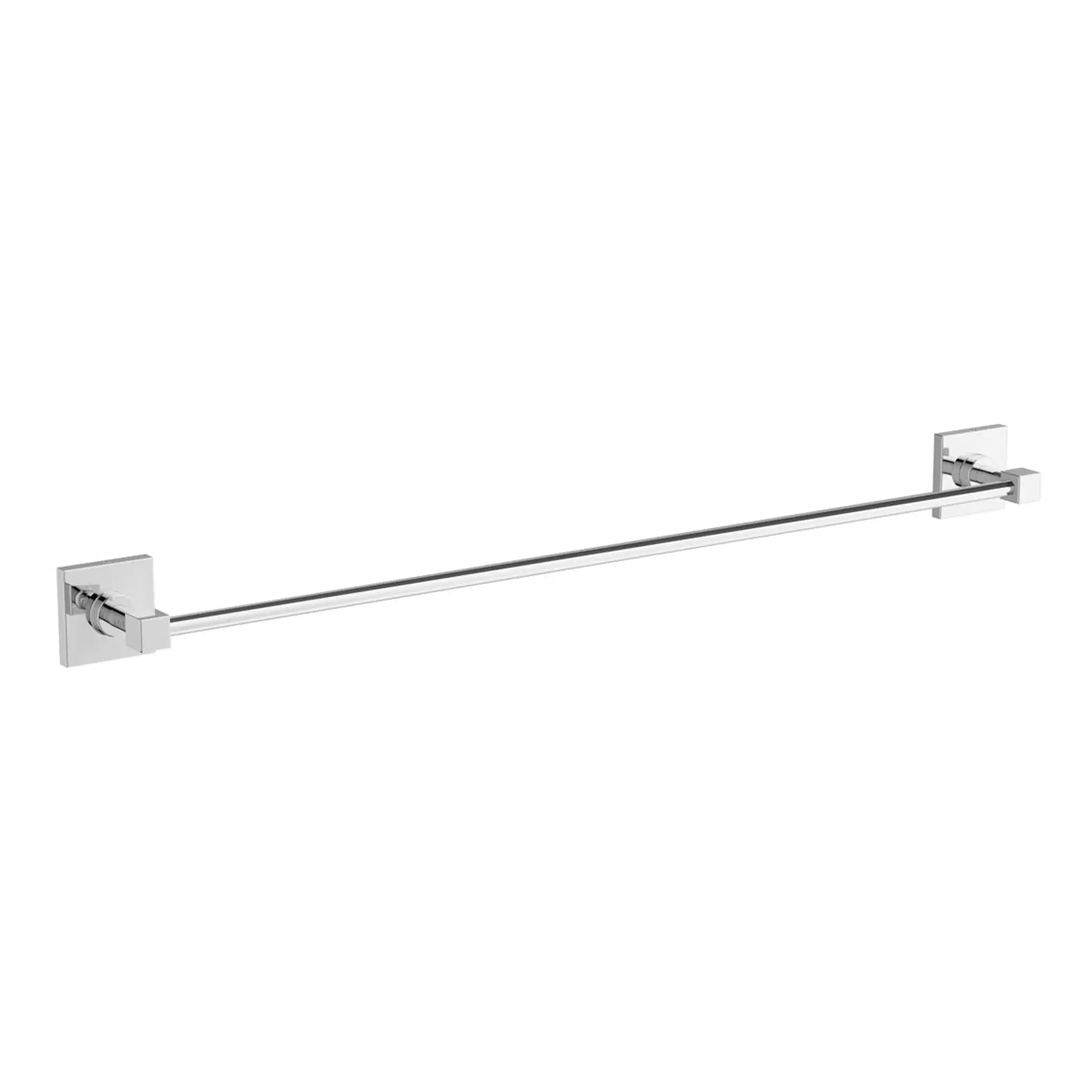 Shiny chrome bathroom towel rail with square wall mounts, modern and sleek design, ideal for towel storage in contemporary bathrooms.