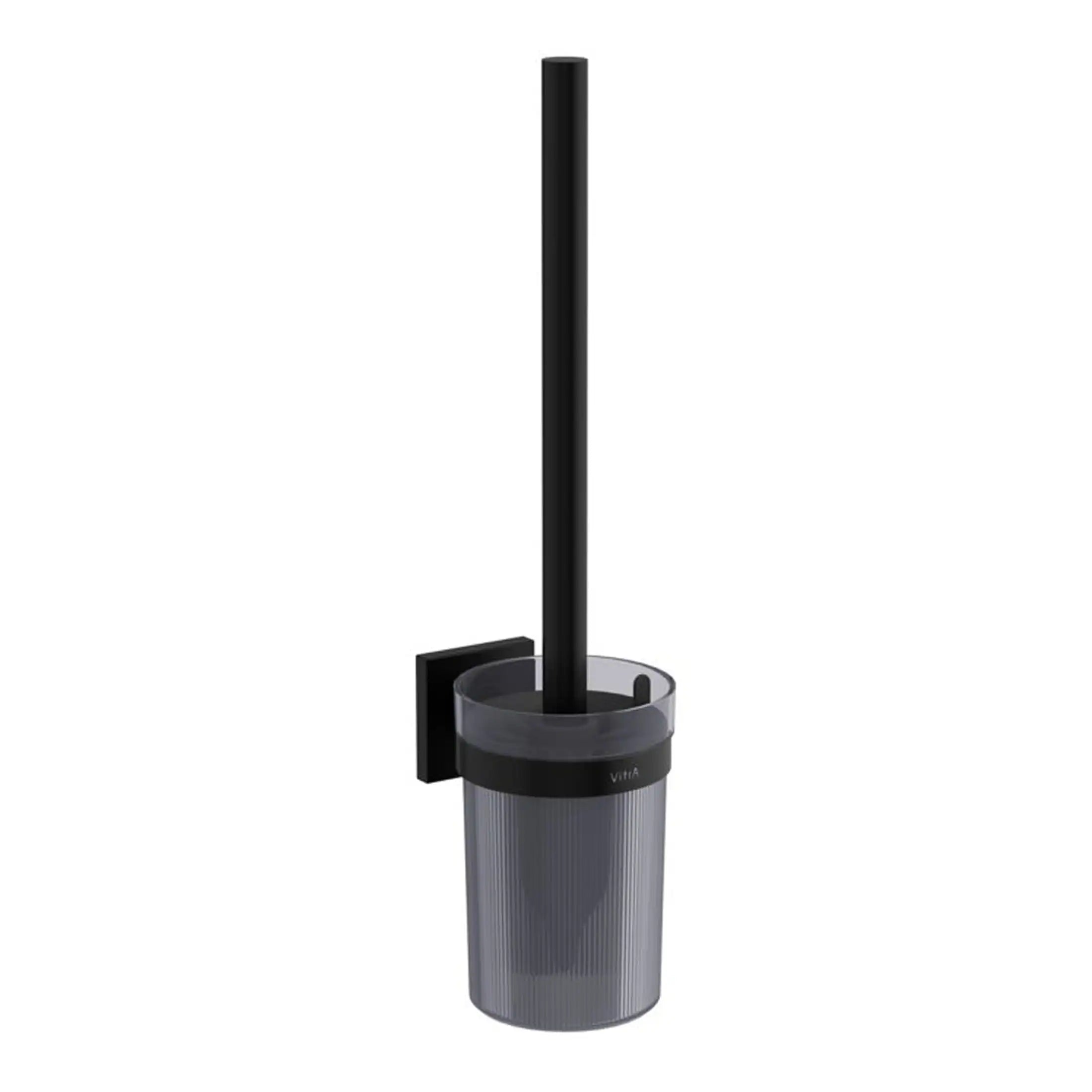 Stainless steel toilet brush holder with a sleek black handle and modern design, ideal for contemporary bathrooms. Systematic cleaning with stylish bathroom accessories from Bubly Bathrooms.