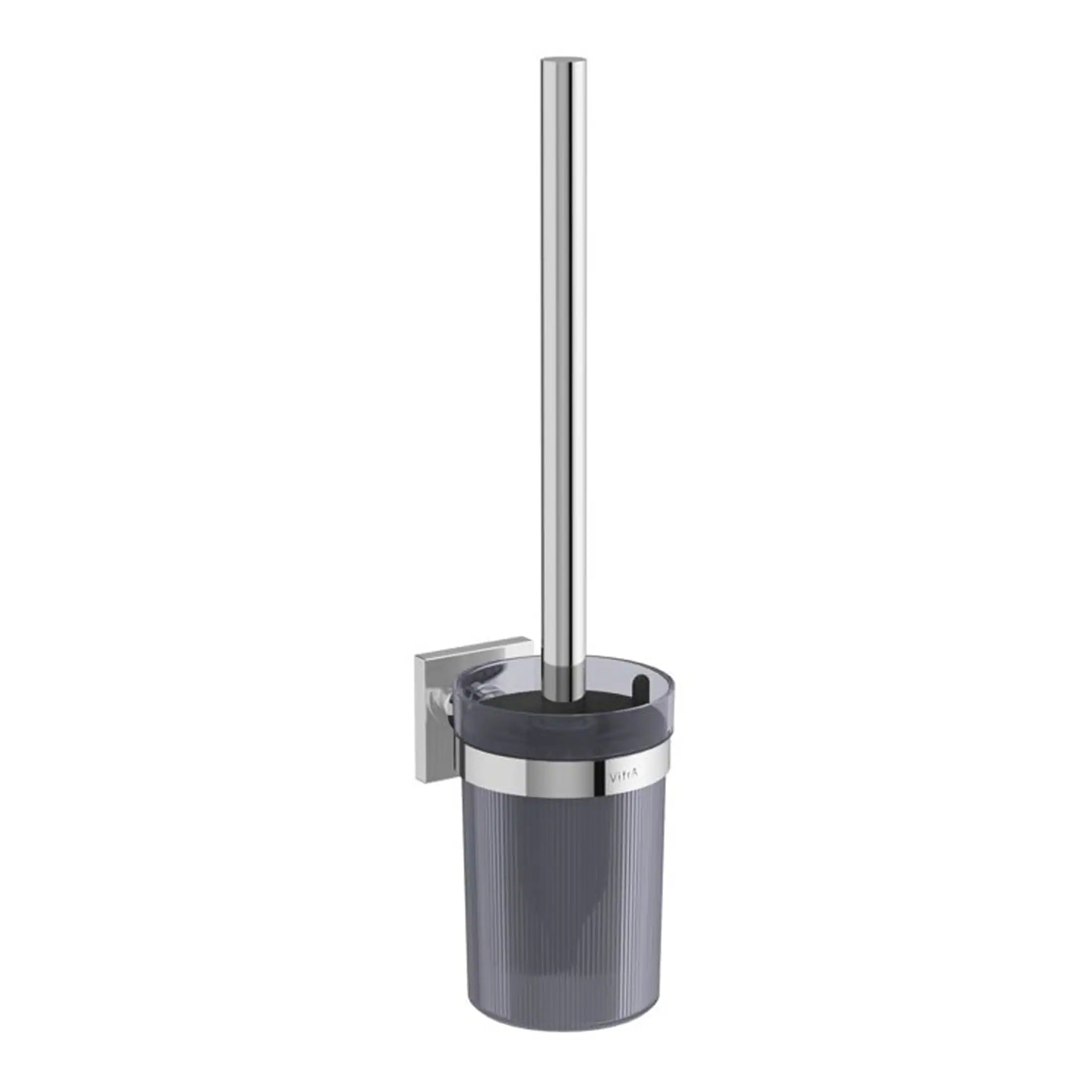 Sleek modern toilet brush holder with chrome accents, designed for stylish bathroom organisation and hygiene. Perfect for contemporary bathroom interiors.