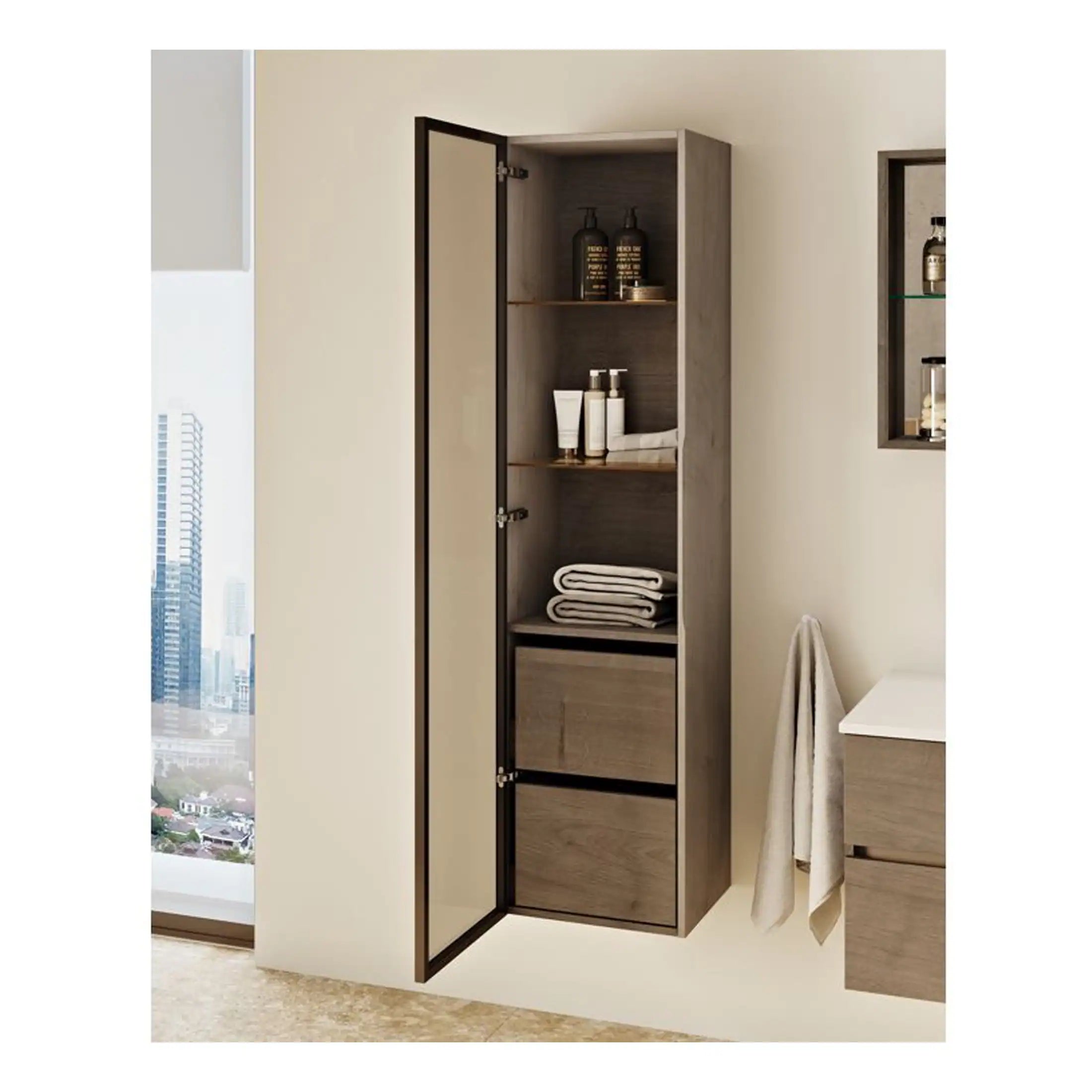 Glass-front bathroom storage cabinet with wooden shelves and modern interior design for bathroom organisation.