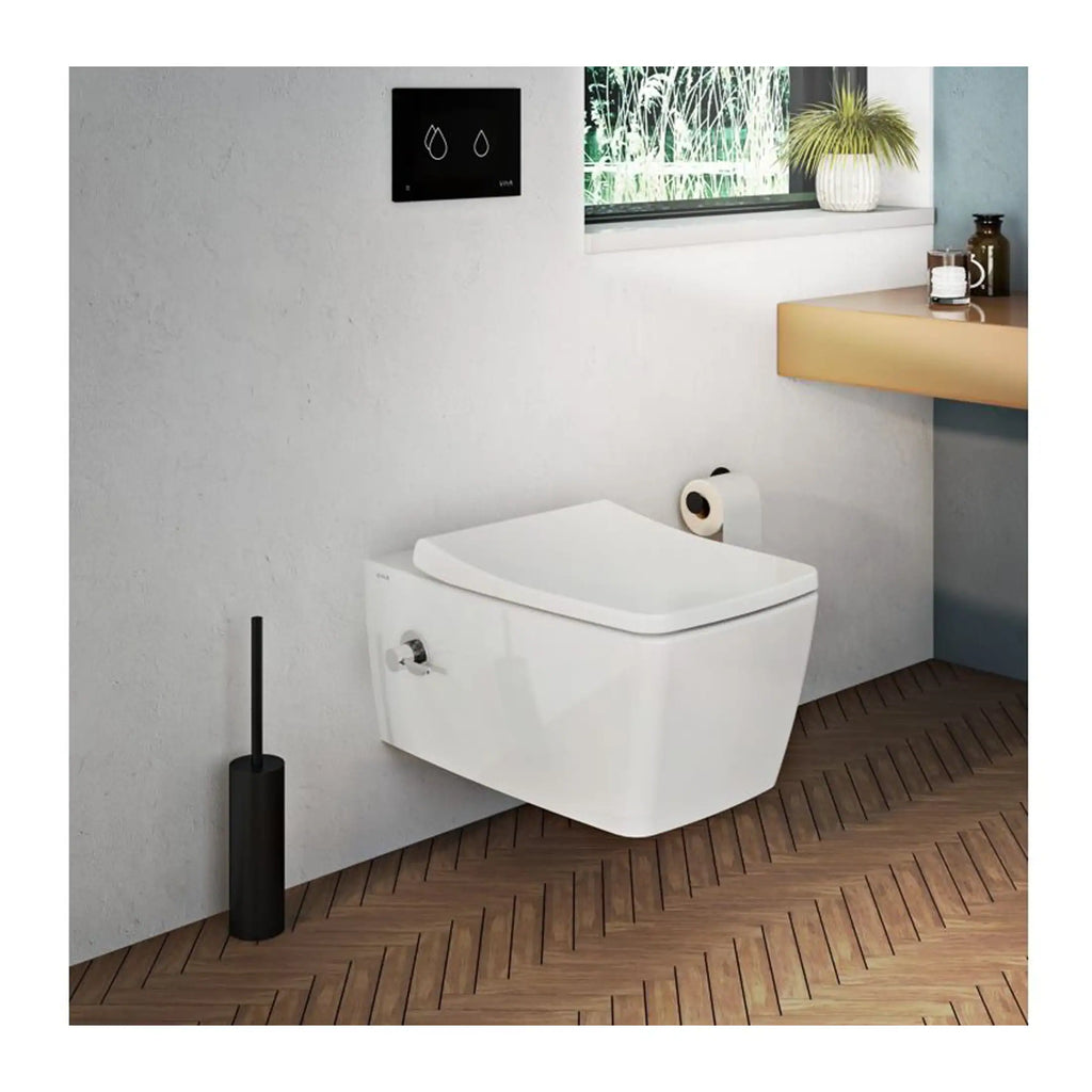 Contemporary wall-mounted toilet with sleek design, ideal for modern bathrooms, featuring a concealed cistern and interactive flush plate for efficient space utilisation.
