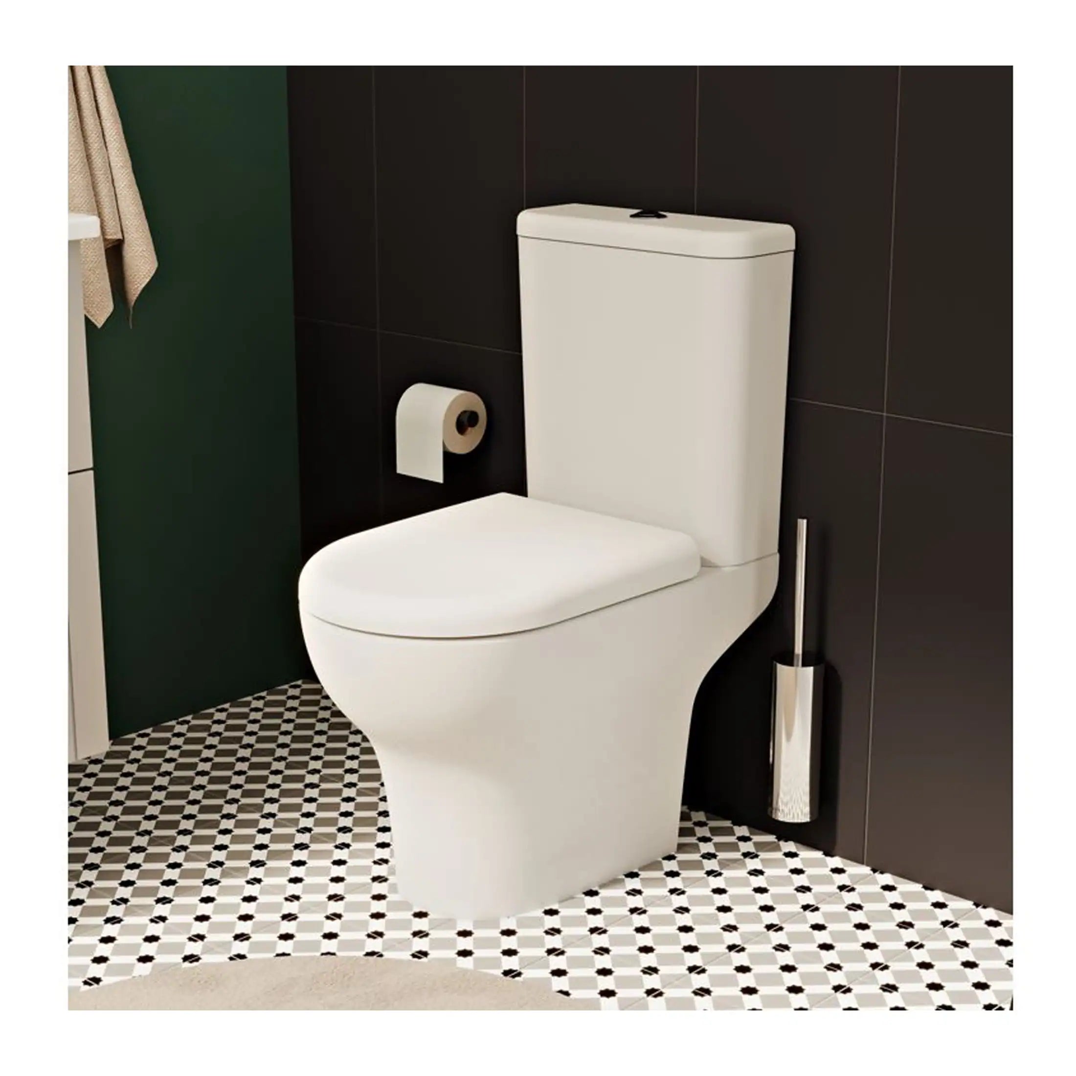 Sleek modern white toilet with concealed cistern, black tiled wall background, and black and white geometric patterned bathroom floor.