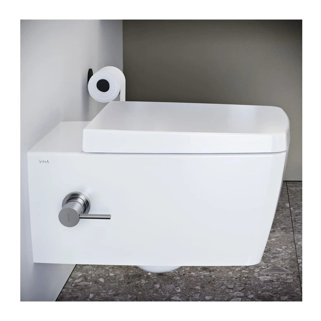 Futuristic white wall-mounted urinal with integrated splash guard, minimalist design, and sleek chrome flush valve, ideal for modern bathroom aesthetics.