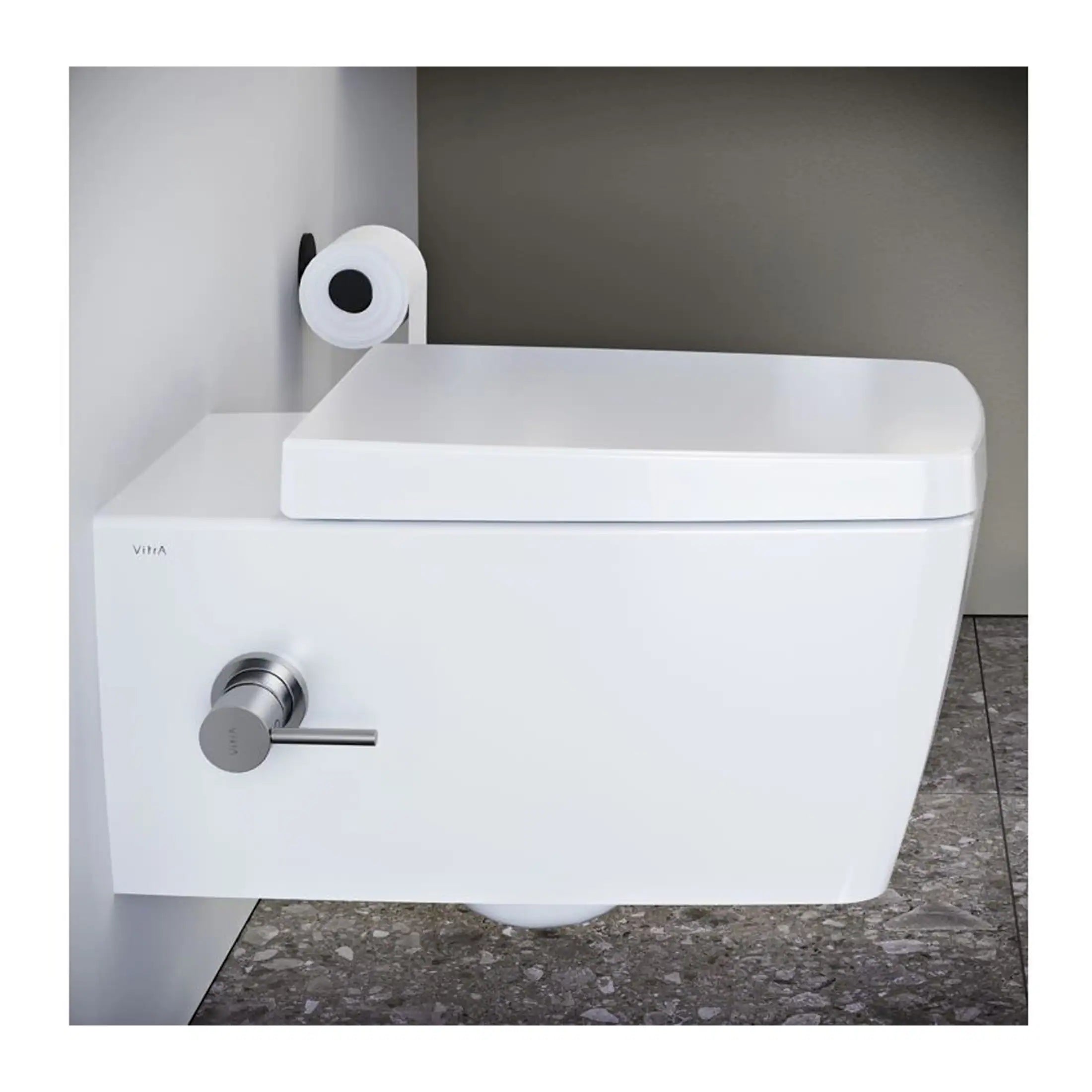 Futuristic white wall-mounted urinal with integrated splash guard, minimalist design, and sleek chrome flush valve, ideal for modern bathroom aesthetics.