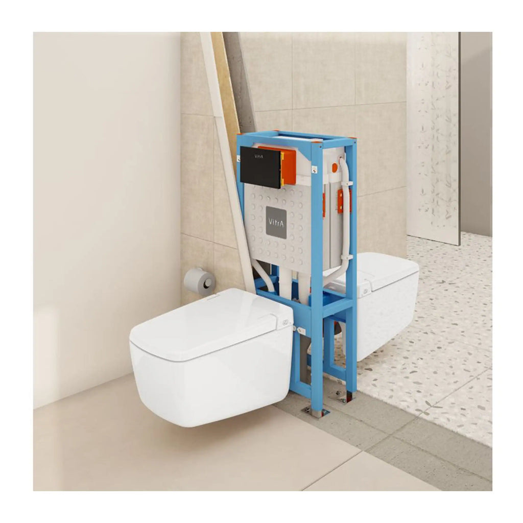 High-tech concealed toilet flushing system with advanced plumbing components, designed for modern bathroom installations and accessible bathroom solutions.