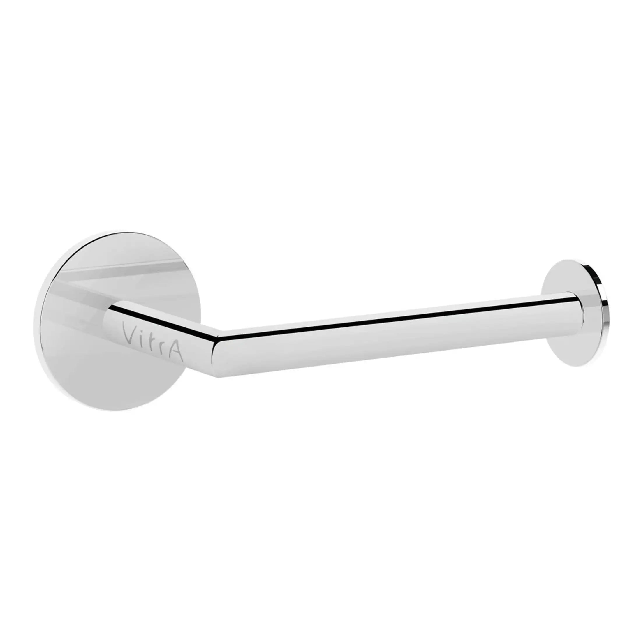 Shiny chrome toilet paper holder with modern design from Bubly Bathrooms. Durable stainless steel with a sleek finish, perfect for contemporary bathrooms.