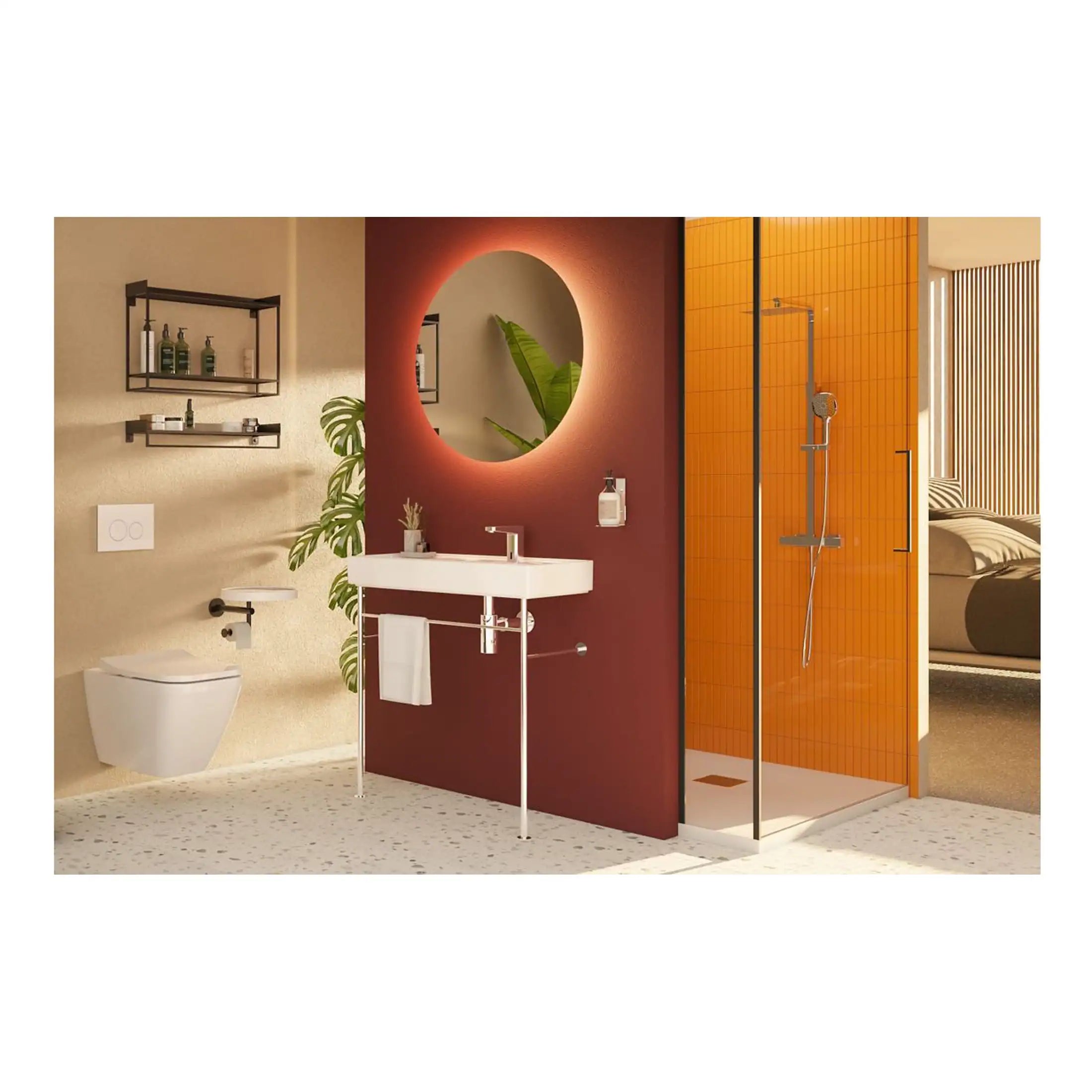 Modern bathroom with stylish fixtures, including a wall-mounted toilet, sleek sink, illuminated mirror, and bright orange tiled walk-in shower, creating a contemporary and functional space.