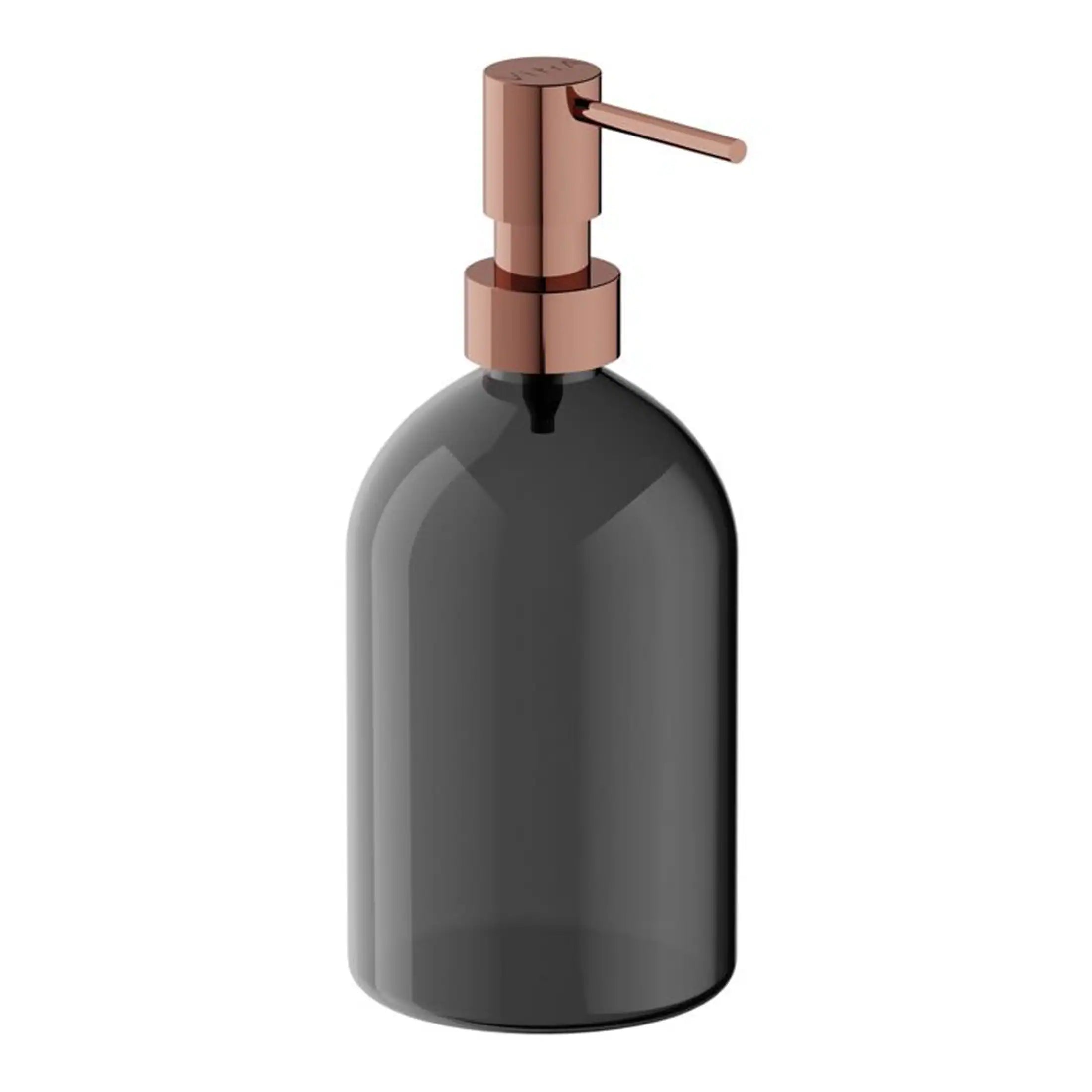 Elegant black soap dispenser with a rose gold pump, ideal for modern bathroom décors. Perfect for storing hand soap or lotion to enhance bathroom organisation and style.