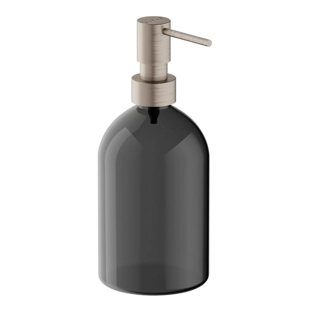 Black soap dispenser bottle with stainless steel pump, ideal for modern bathrooms and kitchens, adds a sleek touch to your bathroom décor.