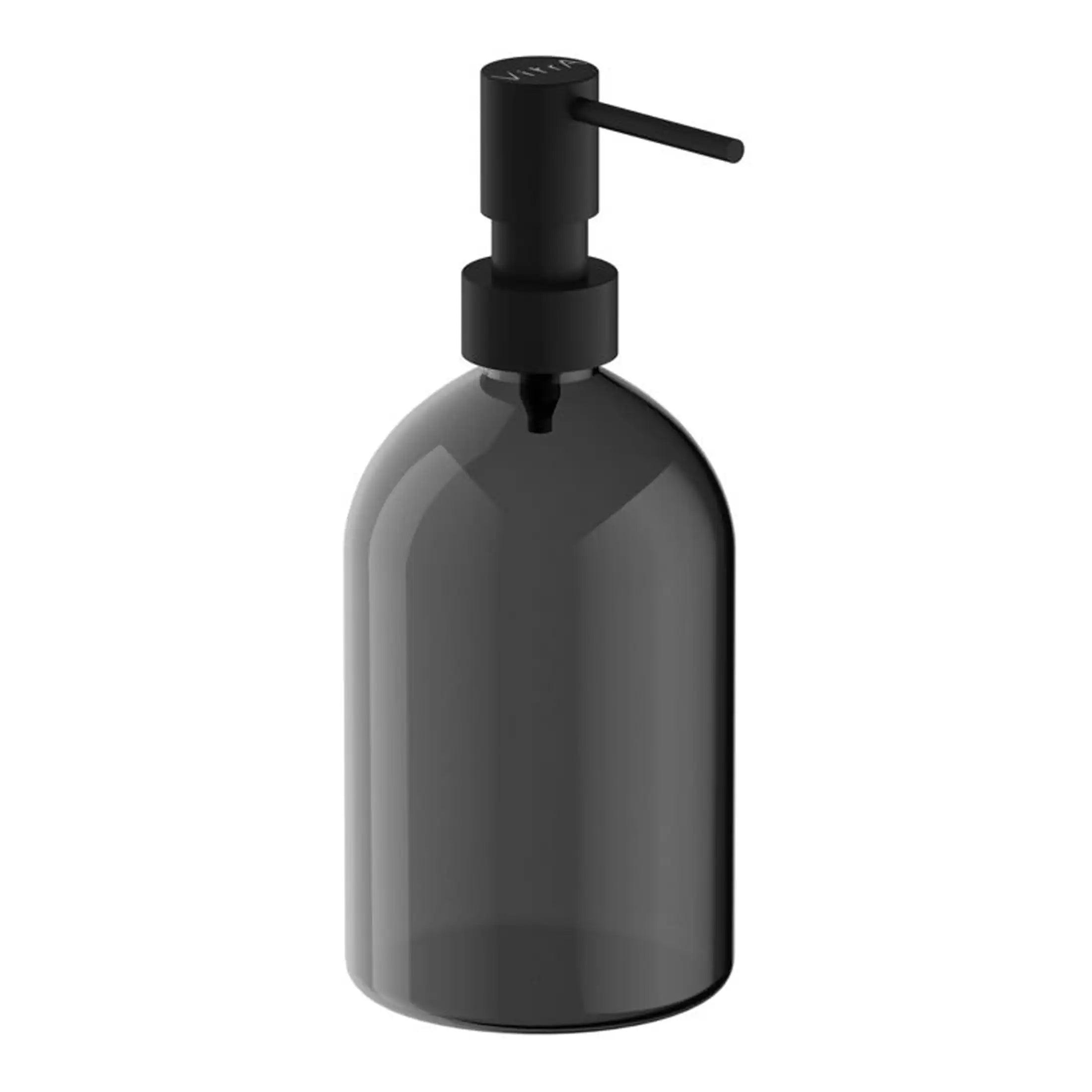 Sleek black soap or lotion dispenser for modern bathroom vanity or kitchen countertop, easy to refill with pump operation for hygiene and style.