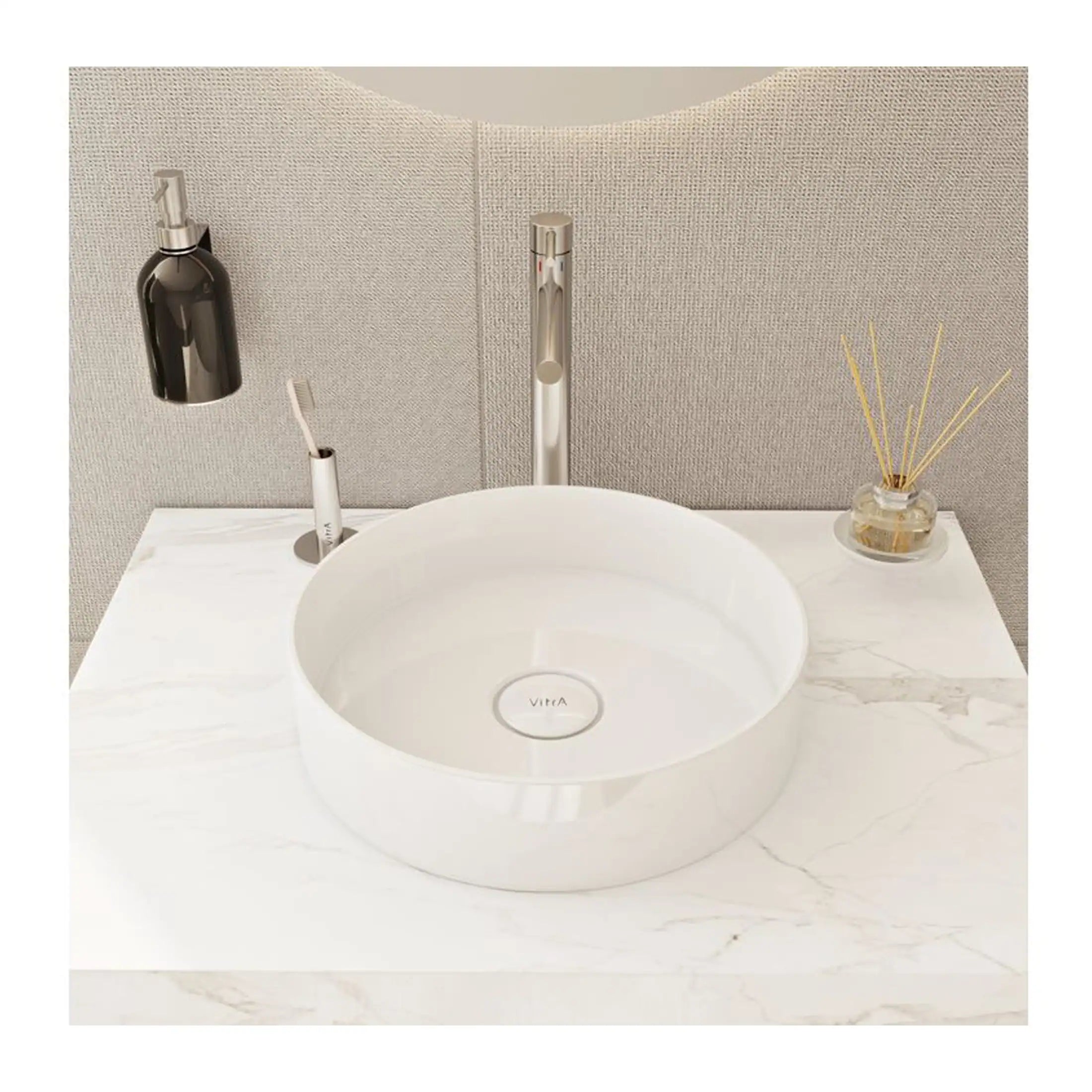 Sleek white ceramic bathroom sink with modern chrome fixtures on a marble countertop, set against neutral textured wall tiles, perfect for contemporary Bubly bathrooms.