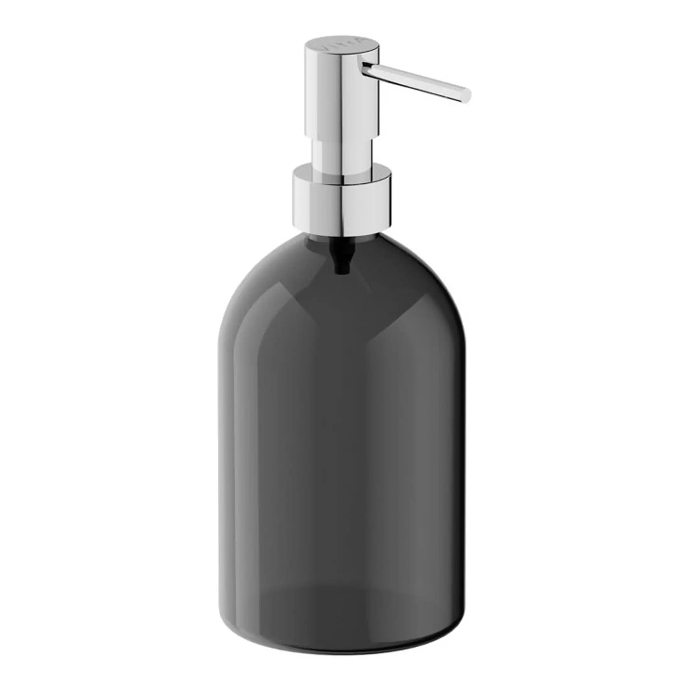 Shiny black soap dispenser with chrome pump for modern bathroom decor.
