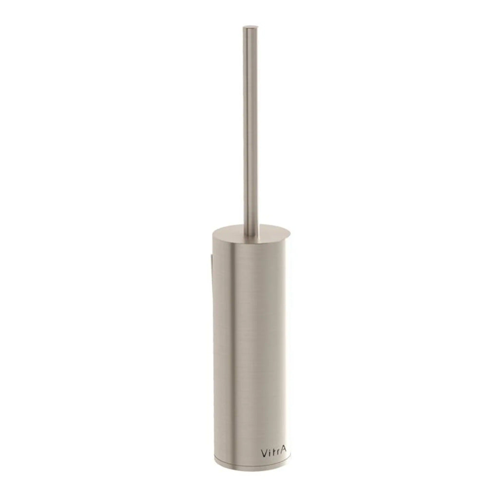 Polished stainless steel toilet brush with holder, modern bathroom accessory by Bubly Bathrooms. Durable, sleek design perfect for contemporary bathrooms.