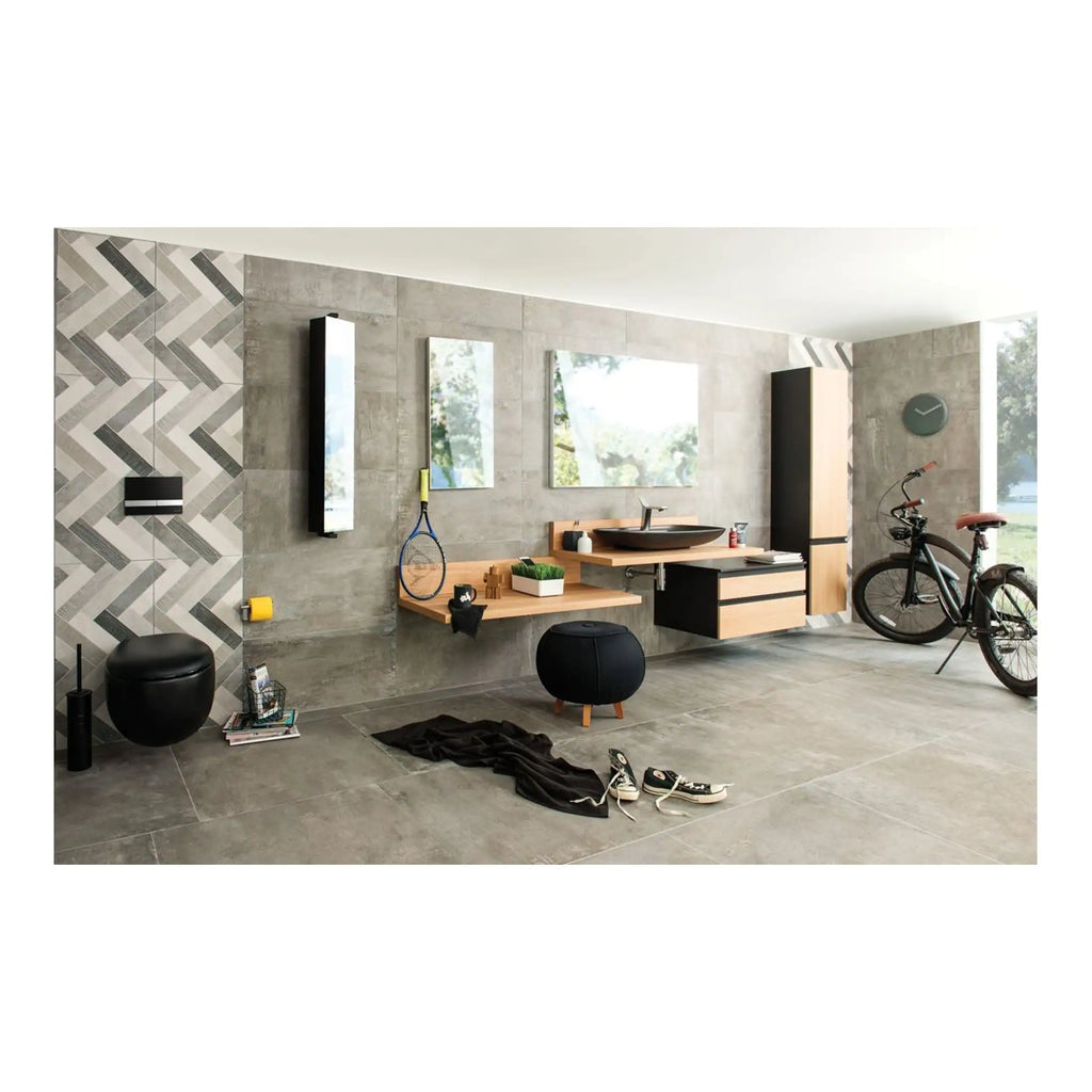 Modern bathroom design with sleek wall-mounted vanity, large mirrors, and grey tiled flooring, featuring minimalist decor, a bicycle, and sportive accessories for a contemporary, stylish look.
