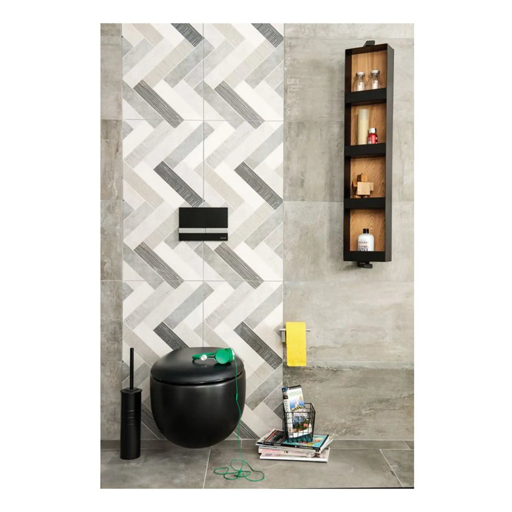 Toilet with modern black design in contemporary bathroom, featuring stylish geometric wall tiles and wooden shelving for bathroom essentials, creating a sleek and functional space.