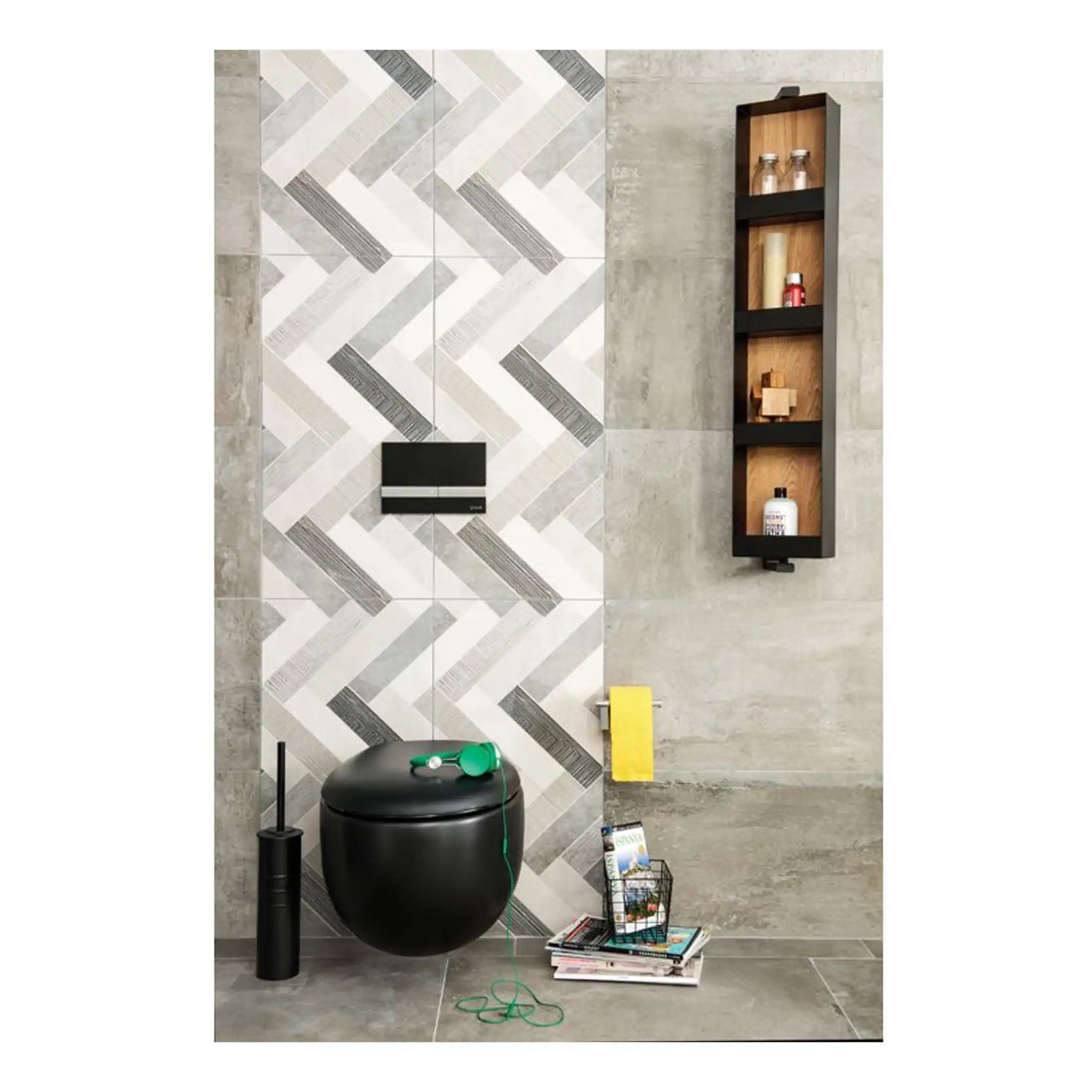 Toilet with modern black design in contemporary bathroom, featuring stylish geometric wall tiles and wooden shelving for bathroom essentials, creating a sleek and functional space.