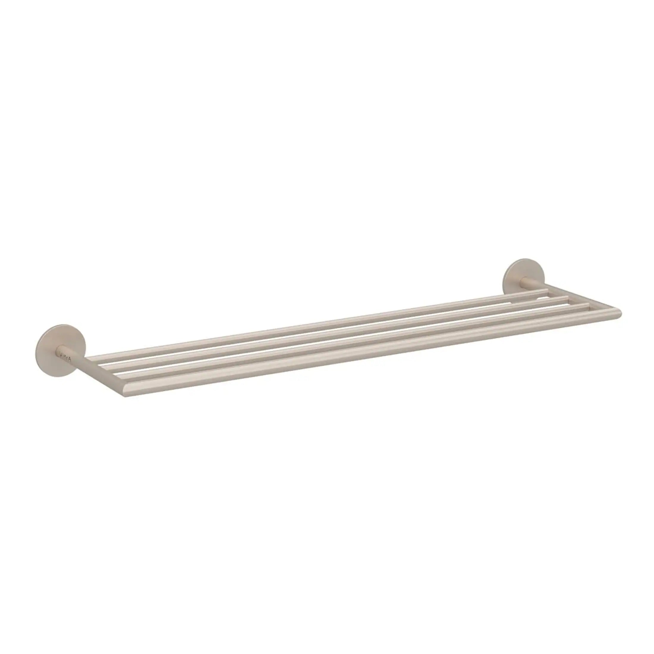 Polished nickel towel rack with three horizontal bars for bathroom organisation, durable metal construction, and modern design. Perfect for holding towels and bath accessories.