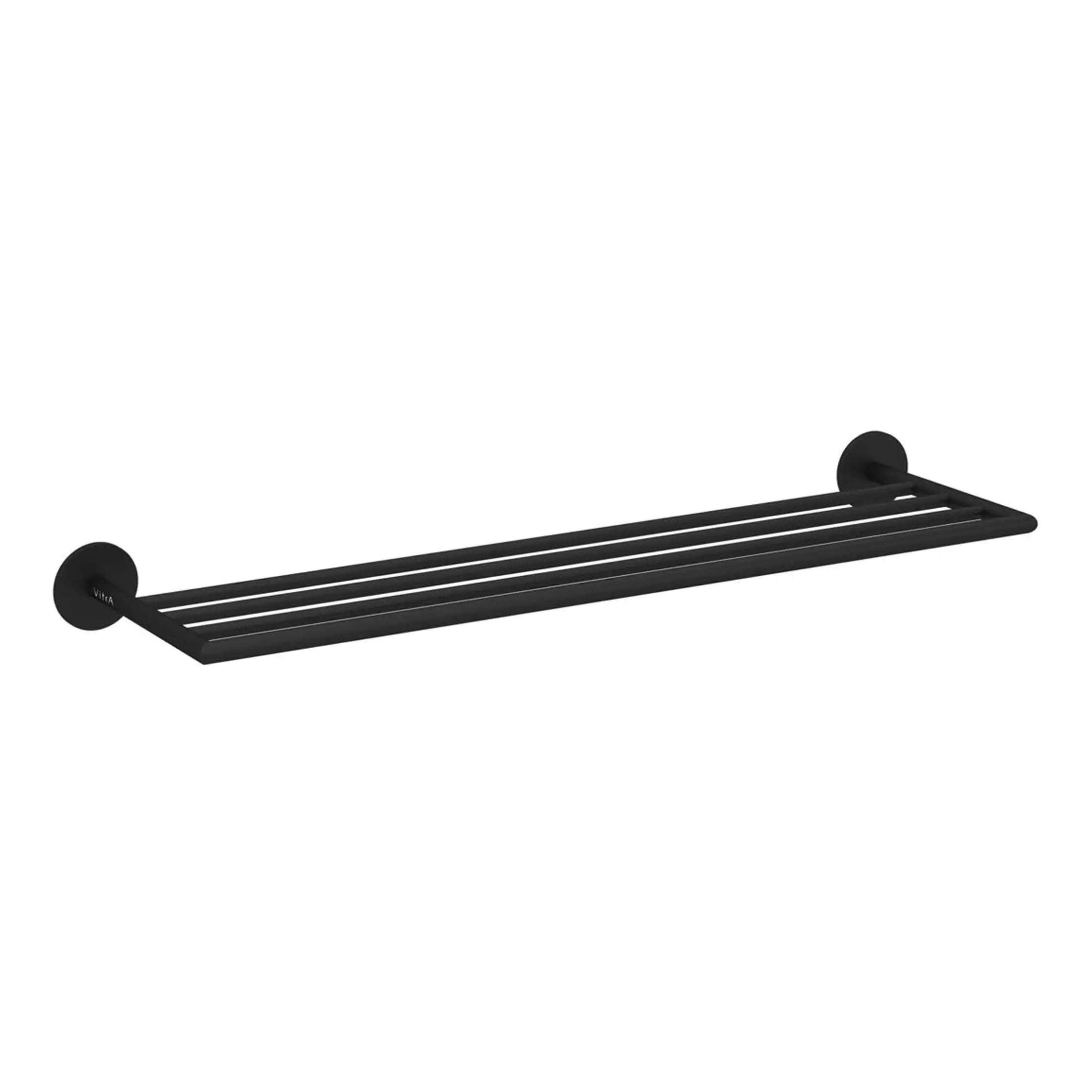 Sleek black bathroom towel shelf with horizontal bars, wall-mounted design for contemporary bathrooms, providing stylish storage and organisation for towels and toiletries.