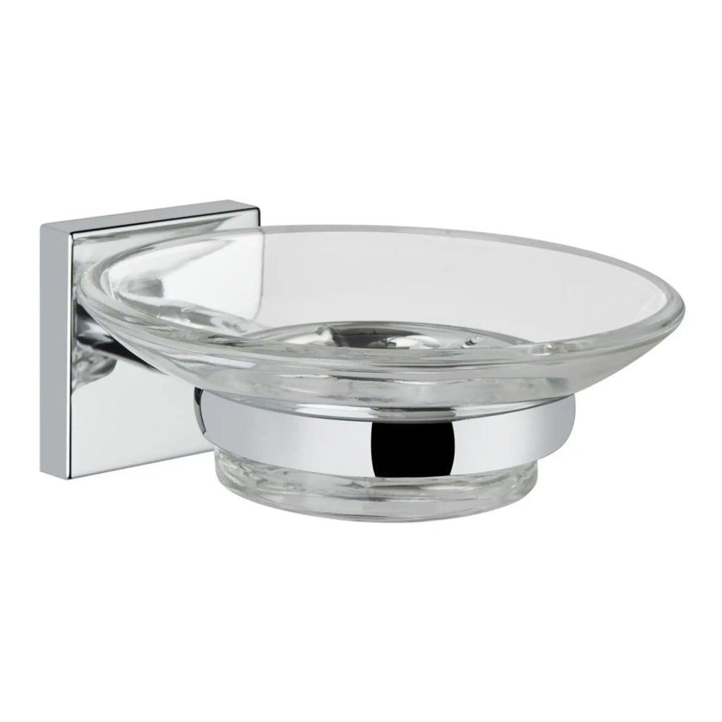Sleek crystal bathroom soap dish mount with chrome finish, modern and elegant design for stylish bathroom accessories.