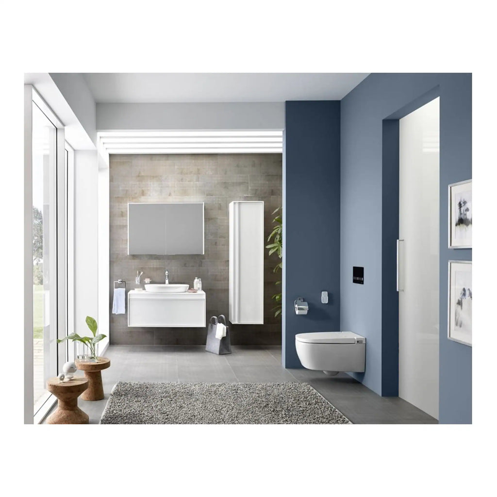 Modern bathroom with contemporary white fixtures, blue wall, and natural light, showcasing sleek design, stylish decor, and efficient bathroom fittings for a luxurious and functional space.