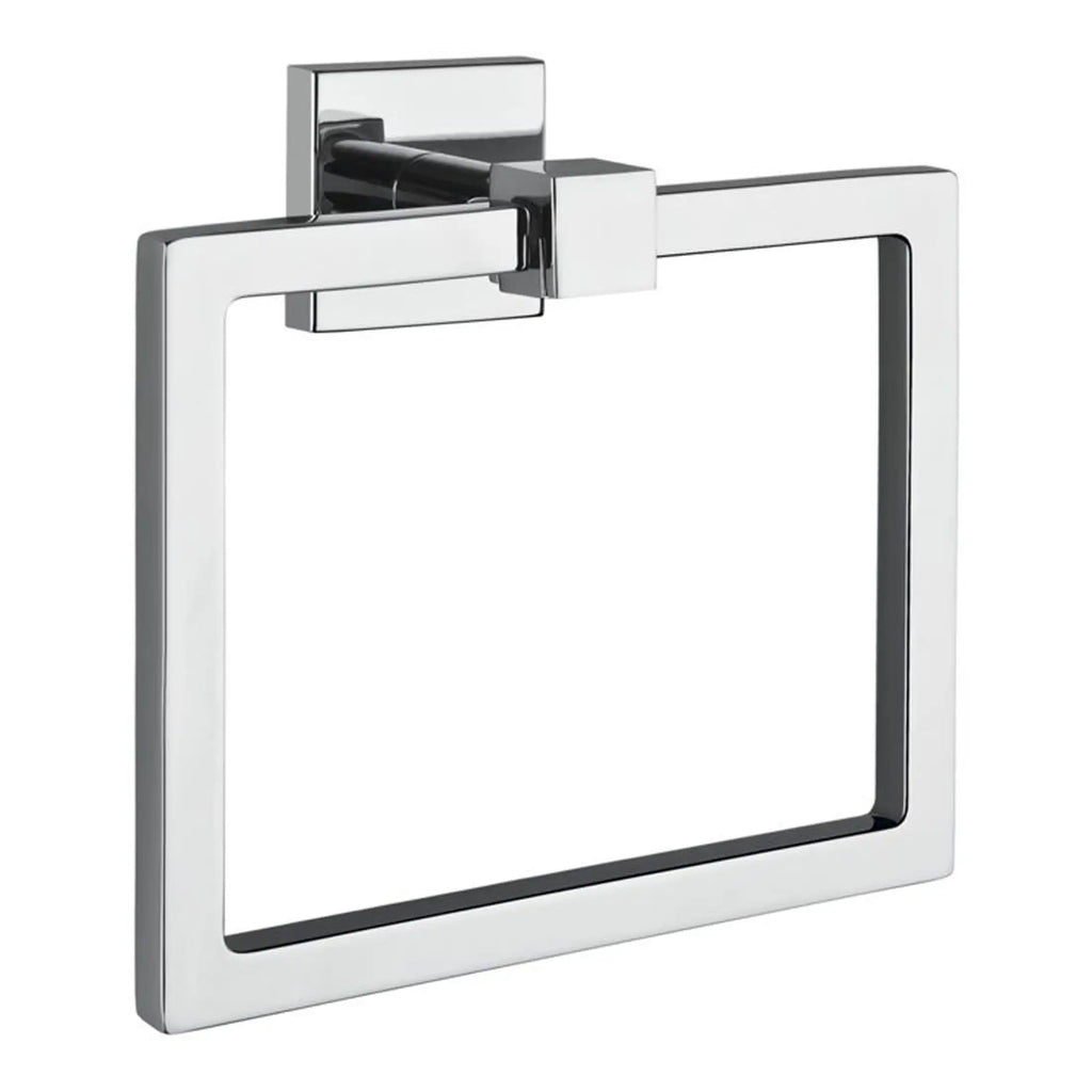 Sleek chrome toilet paper holder with modern square design, perfect for contemporary bathroom decor. Durable metal finish offers elegance and functionality. Ideal for luxury bathroom upgrades.