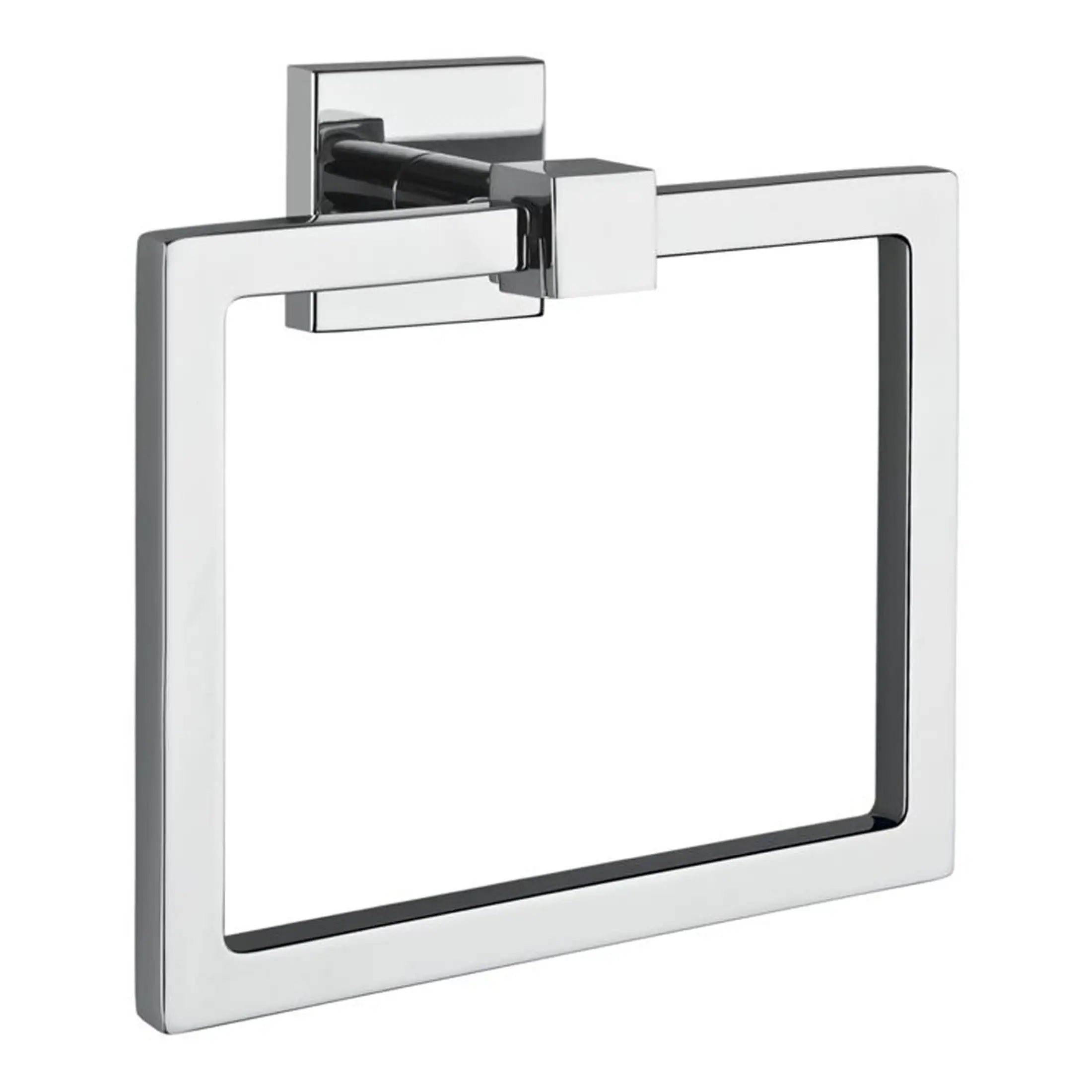 Sleek chrome toilet paper holder with modern square design, perfect for contemporary bathroom decor. Durable metal finish offers elegance and functionality. Ideal for luxury bathroom upgrades.
