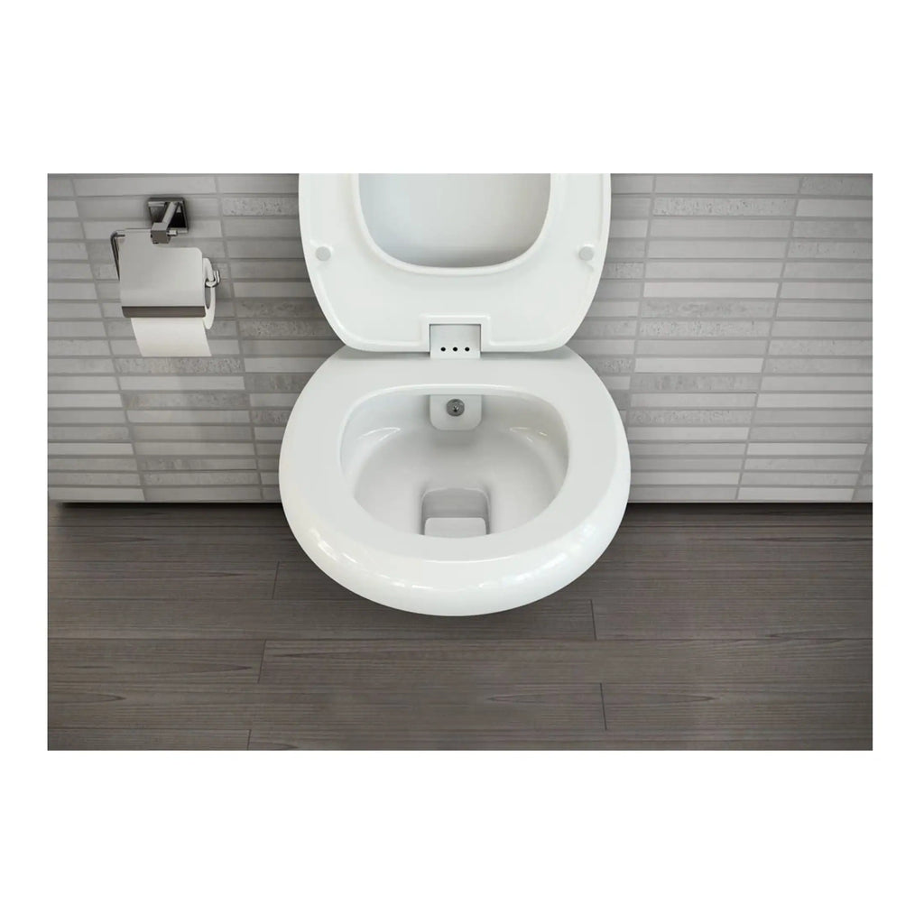 Toilet with open lid and toilet paper holder in modern bathroom setting, featuring contemporary design and clean white finish.