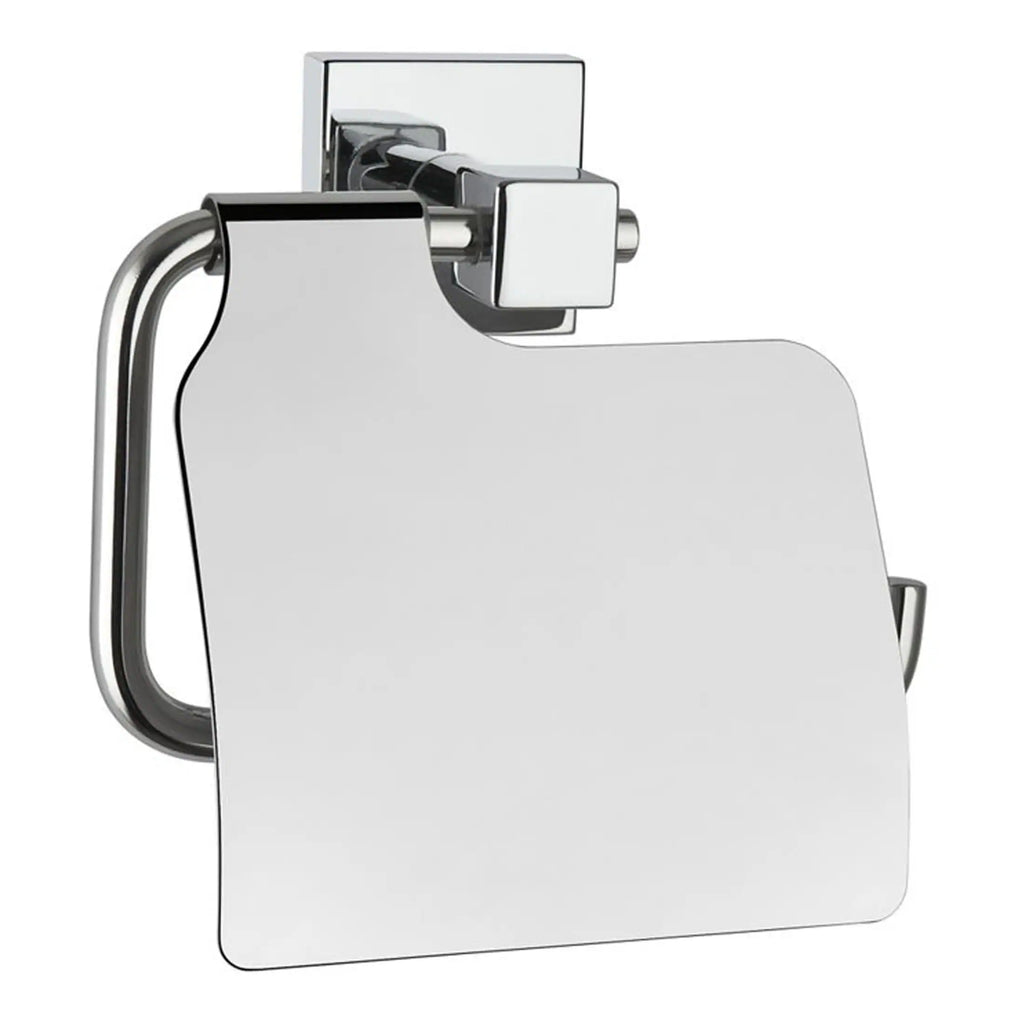 Polished chrome toilet paper holder with a sleek modern design for bathrooms.