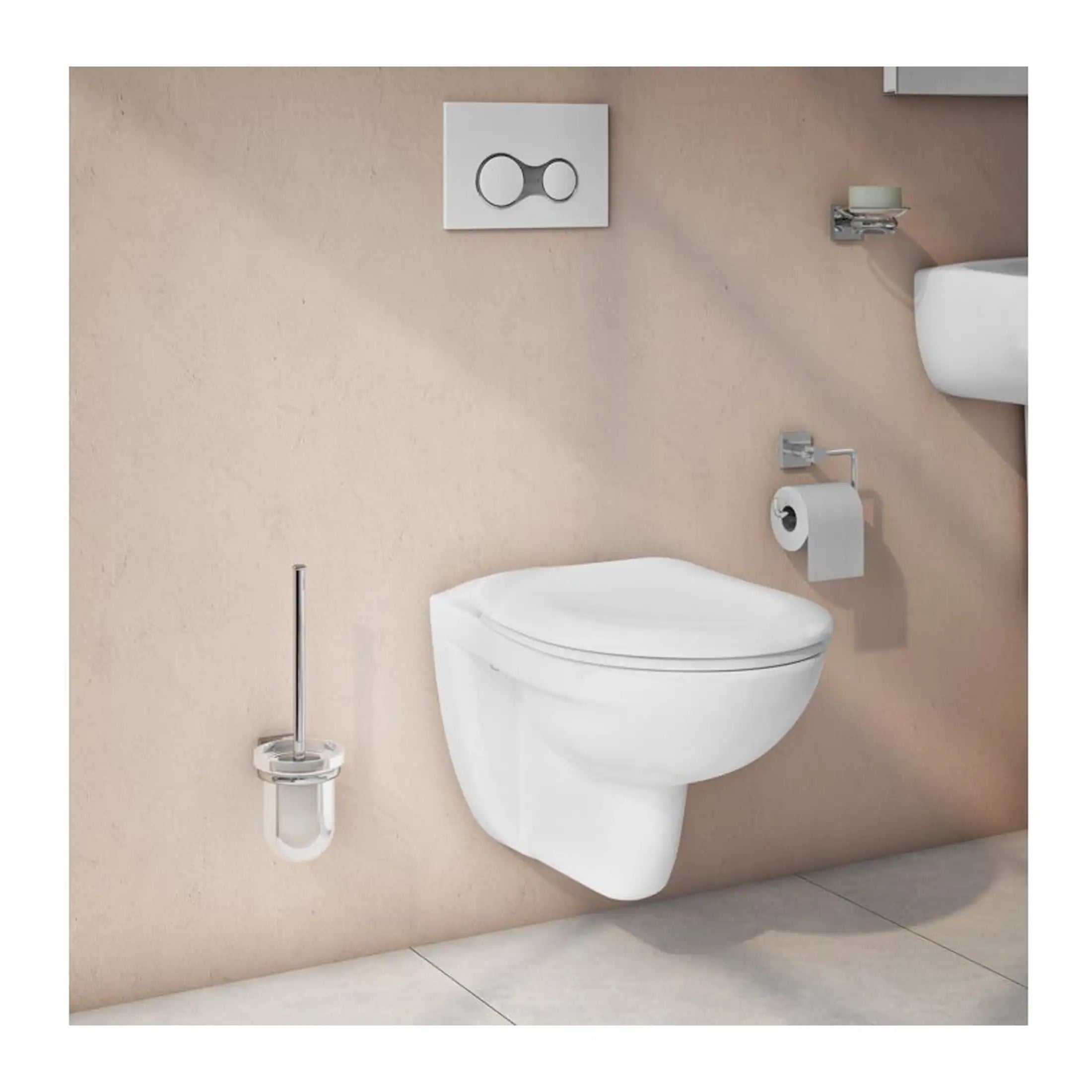 Sleek modern wall-mounted toilet with soft-close seat in a minimalist bathroom setting, featuring a beige wall, toilet paper holder, hygiene brush, and simple decor for contemporary bathroom design.