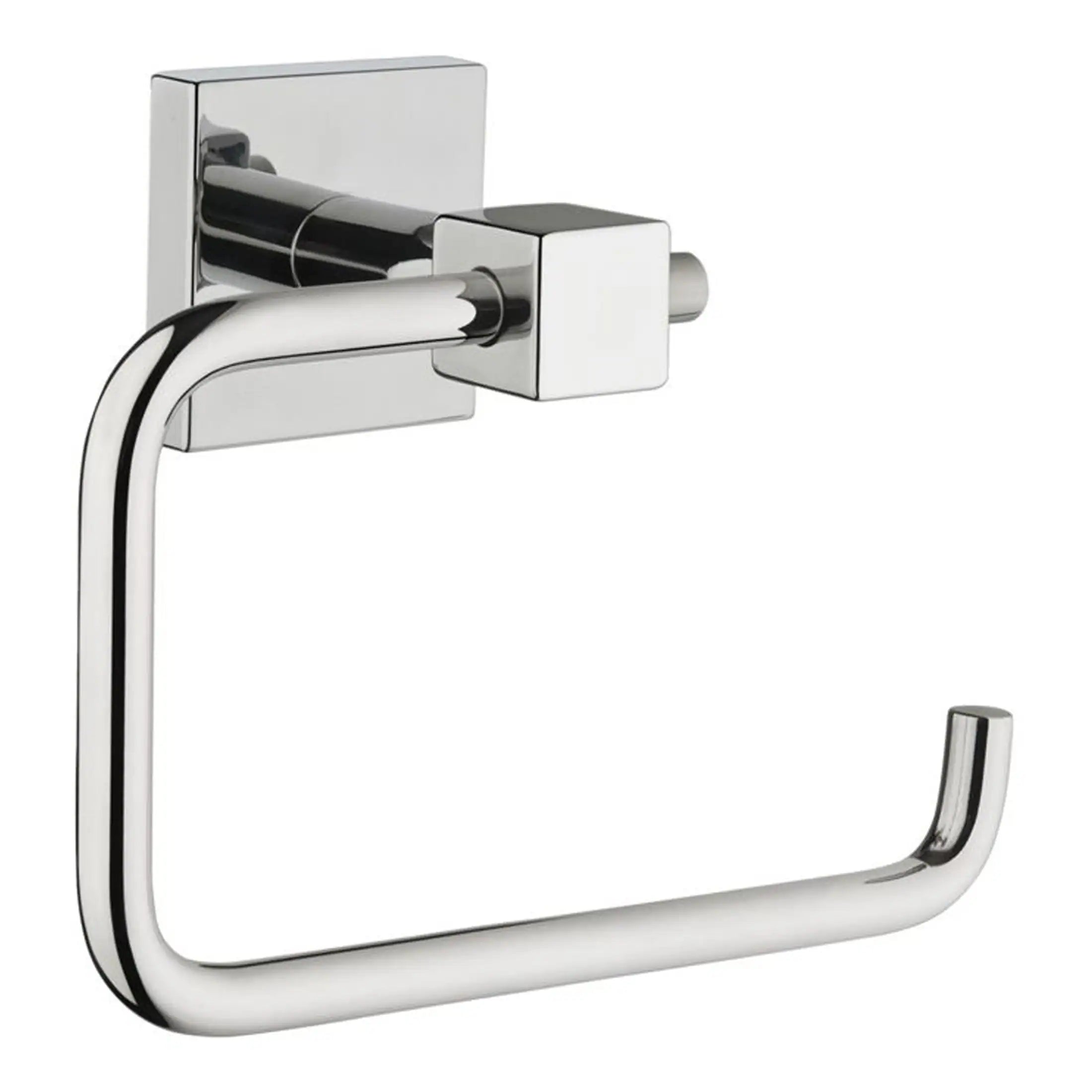 Shiny chrome bathroom toilet paper holder with modern wall-mount design, suitable for contemporary bathroom decor. Easy to install and durable, ideal for home or commercial bathrooms.