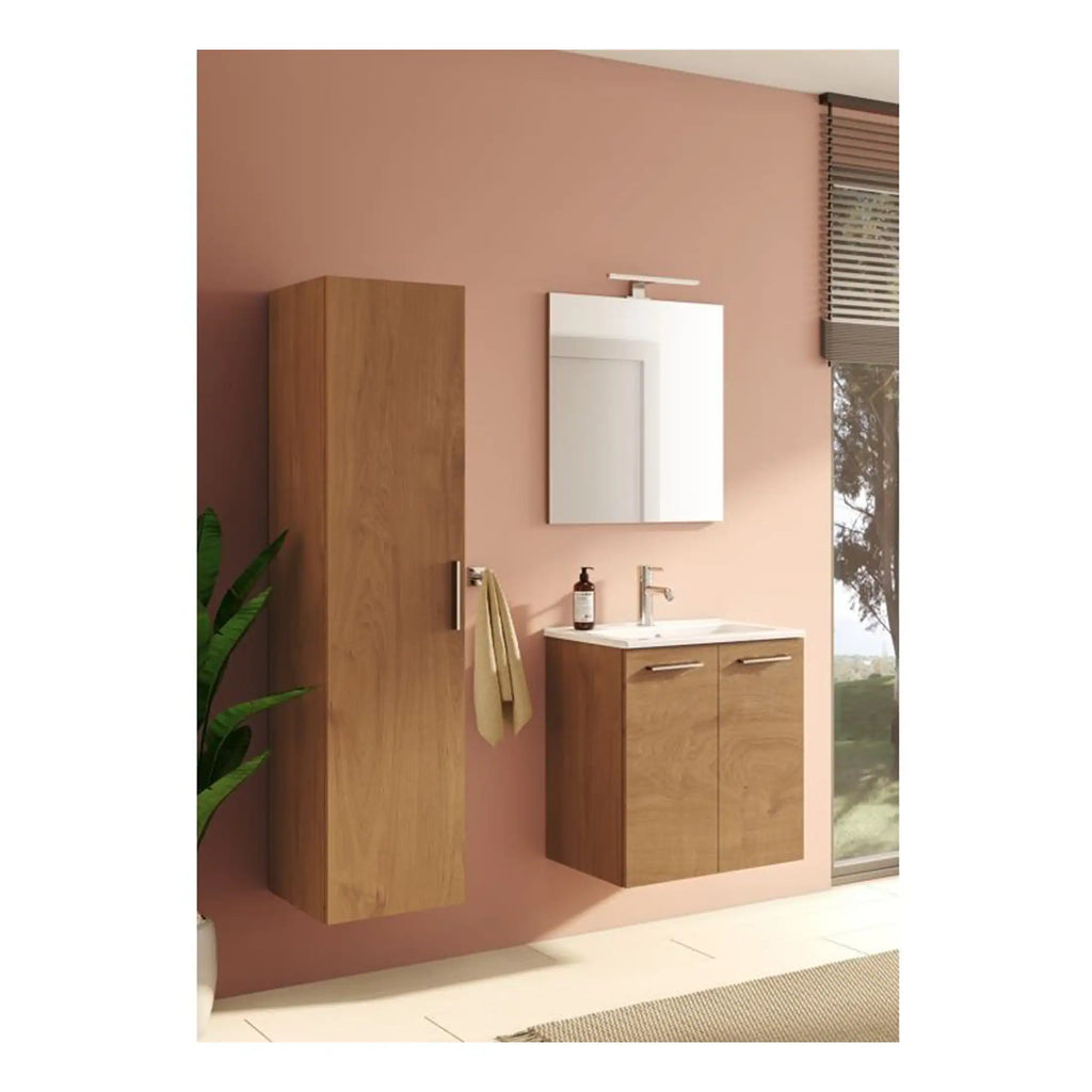Rustic wooden bathroom vanity unit with mirror and wall-mounted cabinet, modern bathroom furniture, natural wood finish, perfect for contemporary bathroom decor, ample storage space for essentials.