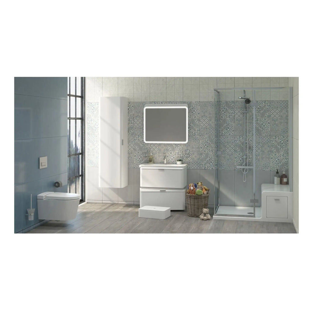 Modern minimalist bathroom with white fixtures, a glass shower enclosure, patterned wall tiles, and soft natural lighting; ideal for contemporary bathroom design.