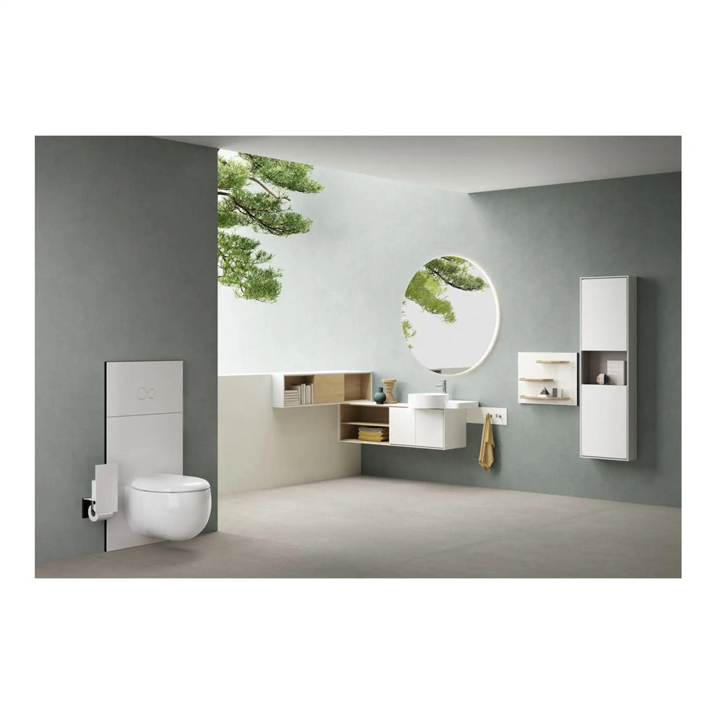 Modern minimalist bathroom with wall-mounted toilet, sleek vanity unit, round mirror with LED lighting, and contemporary storage solutions in a neutral colour palette, inspired by Bubly Bathrooms.