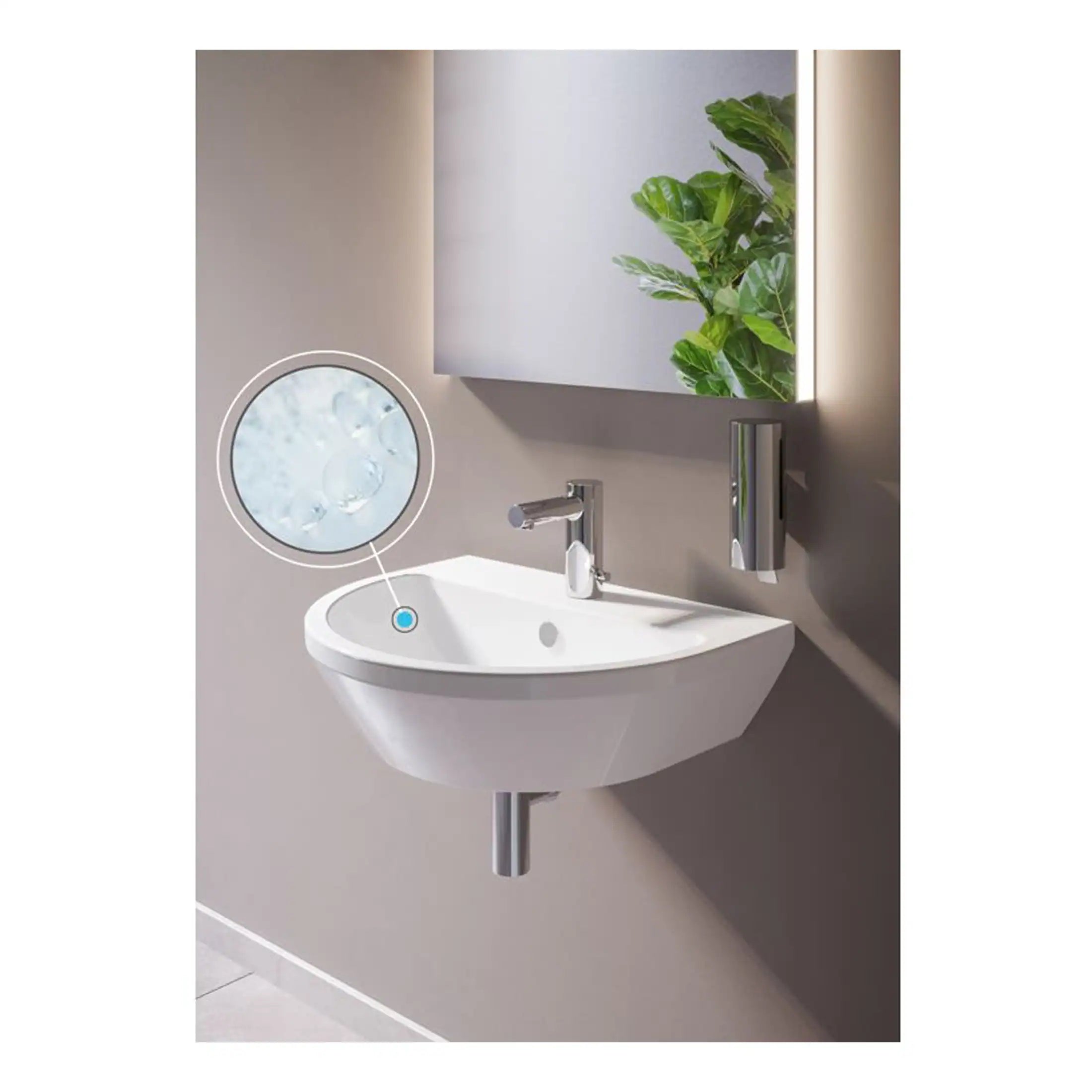 Sleek white wall-mounted bathroom sink with modern chrome faucet, illuminated mirror cabinet, and hand dryer, creating a clean and functional space. Perfect for small bathroom designs.