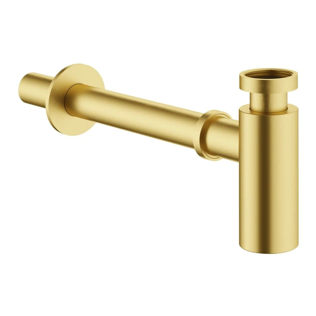 Polished gold bathroom sink pipe or waste trap for modern plumbing setup. High-quality, stylish gold finish for elegant bathroom design. Suitable for luxury bathroom renovations.