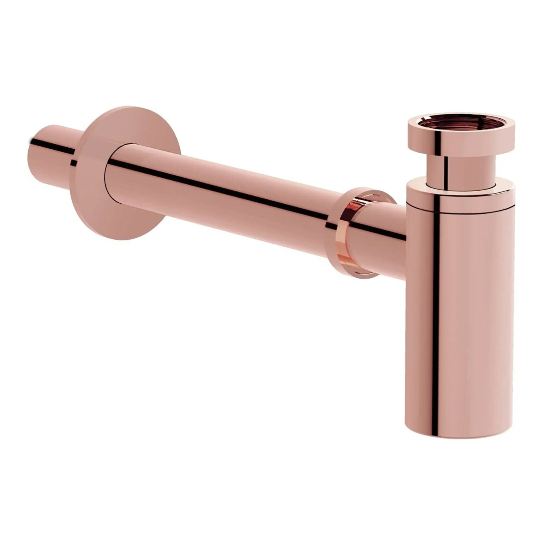 Polished rose gold bathroom basin trap with sleek modern design, ideal for contemporary bathrooms, enhancing aesthetics with durable high-quality brass finish.