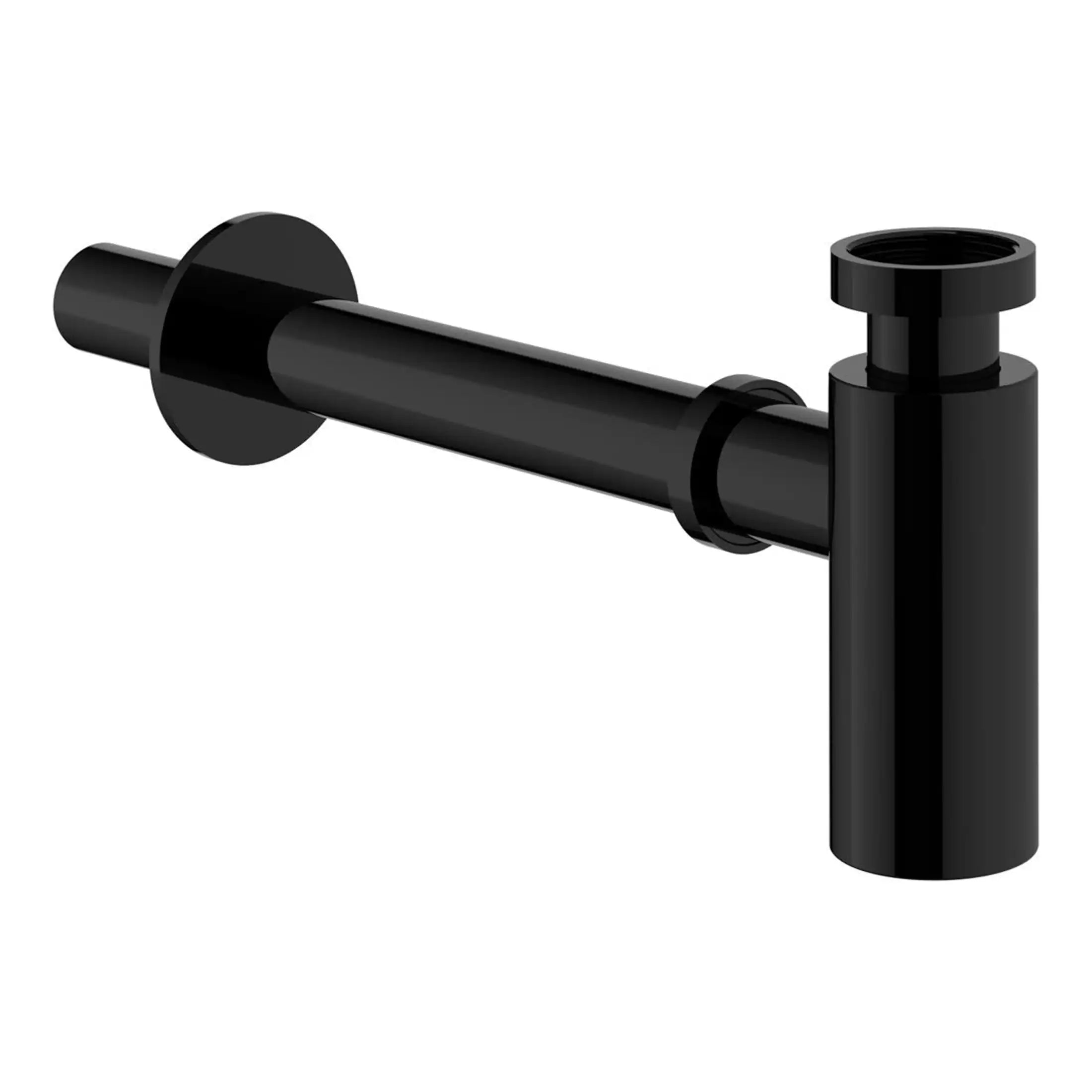 Black bathroom sink pipe with P-trap for plumbing installation.