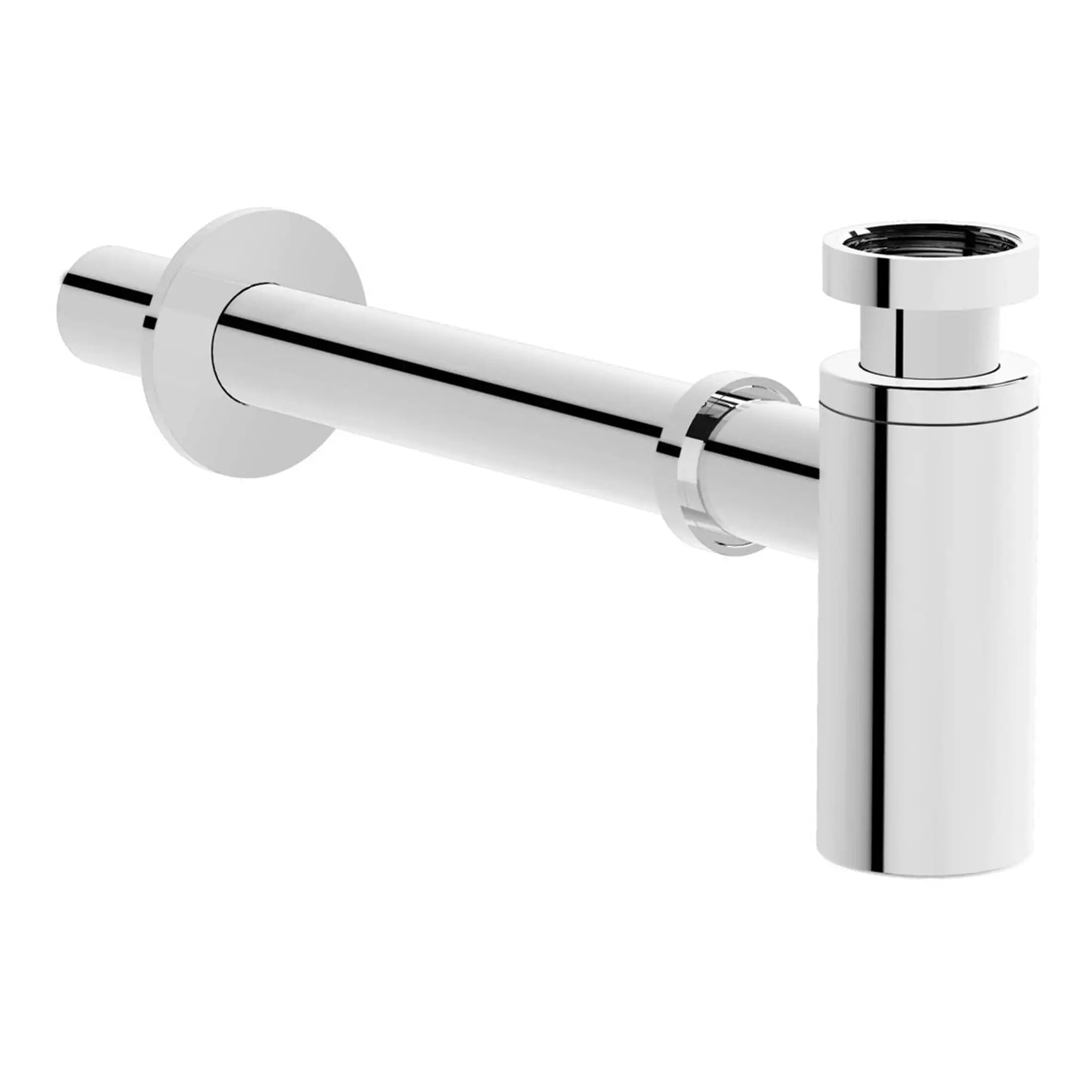 Polished chrome sink waste pipe with removable P-trap for bathroom or kitchen installation. Durable, high-quality bathroom plumbing component, easy to install and clean. Perfect for modern bathroom designs.
