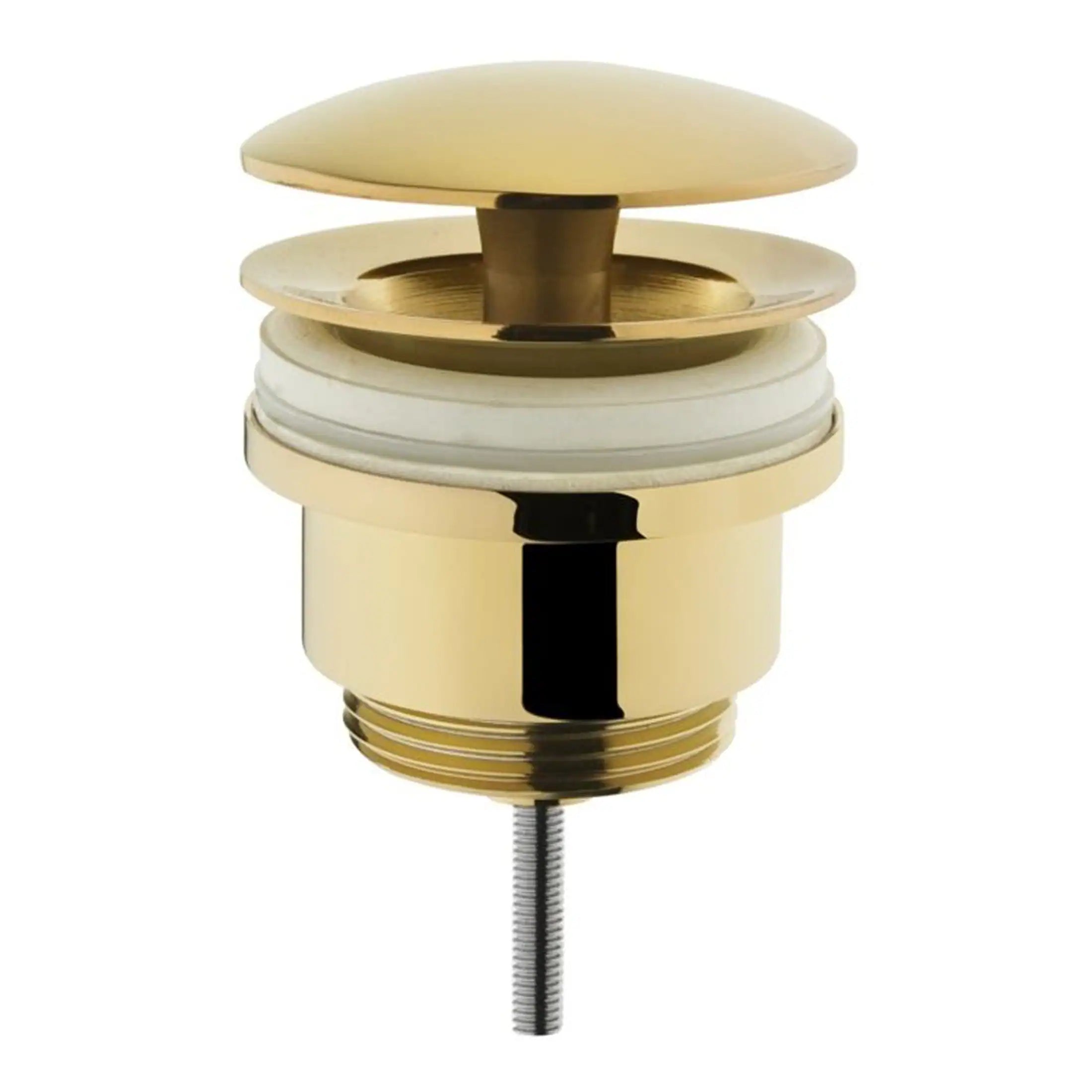 Elegant gold bathroom waste trap with white and brass elements, designed for stylish bathroom sinks and basins. High-quality plumbing fitting for modern bathroom aesthetics.