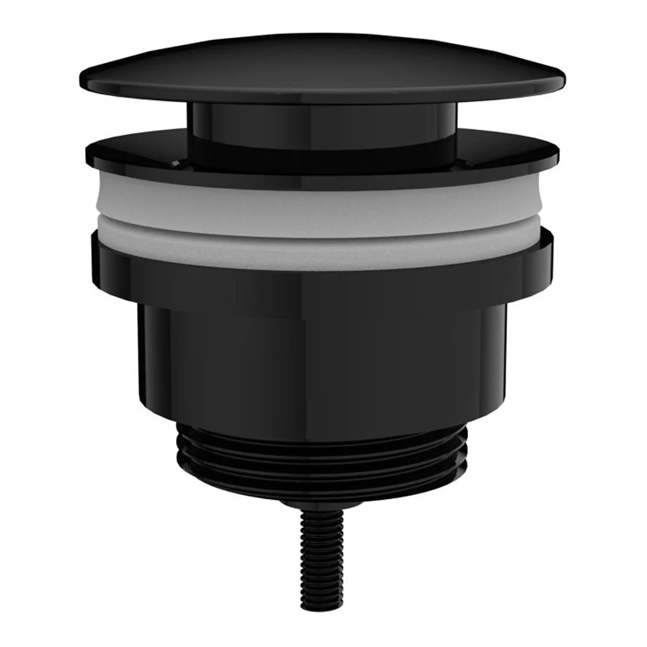 Black and grey bathroom drain cover with threaded fitting, stylish bathroom fixture for seamless drainage solutions.