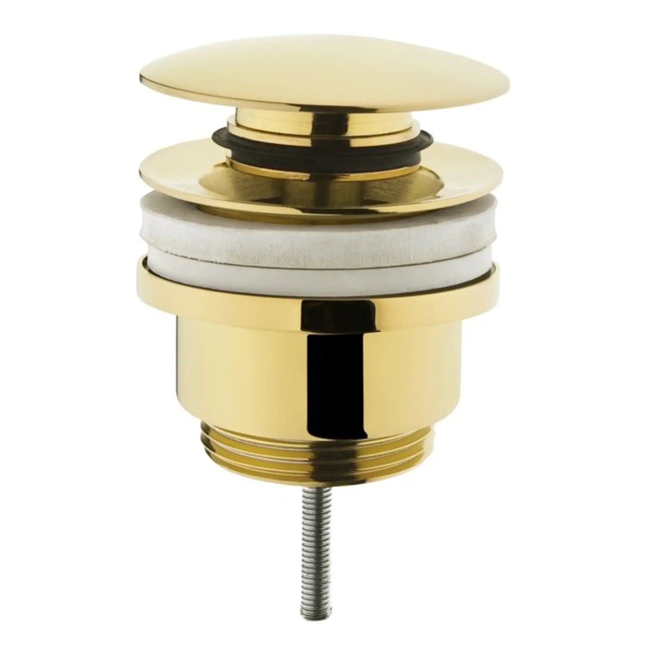 Shiny gold and chrome bathroom drain assembly with a flexible pipe connector, designed for high-end bathroom fixtures and plumbing installations. Ideal for modern luxury bathrooms.