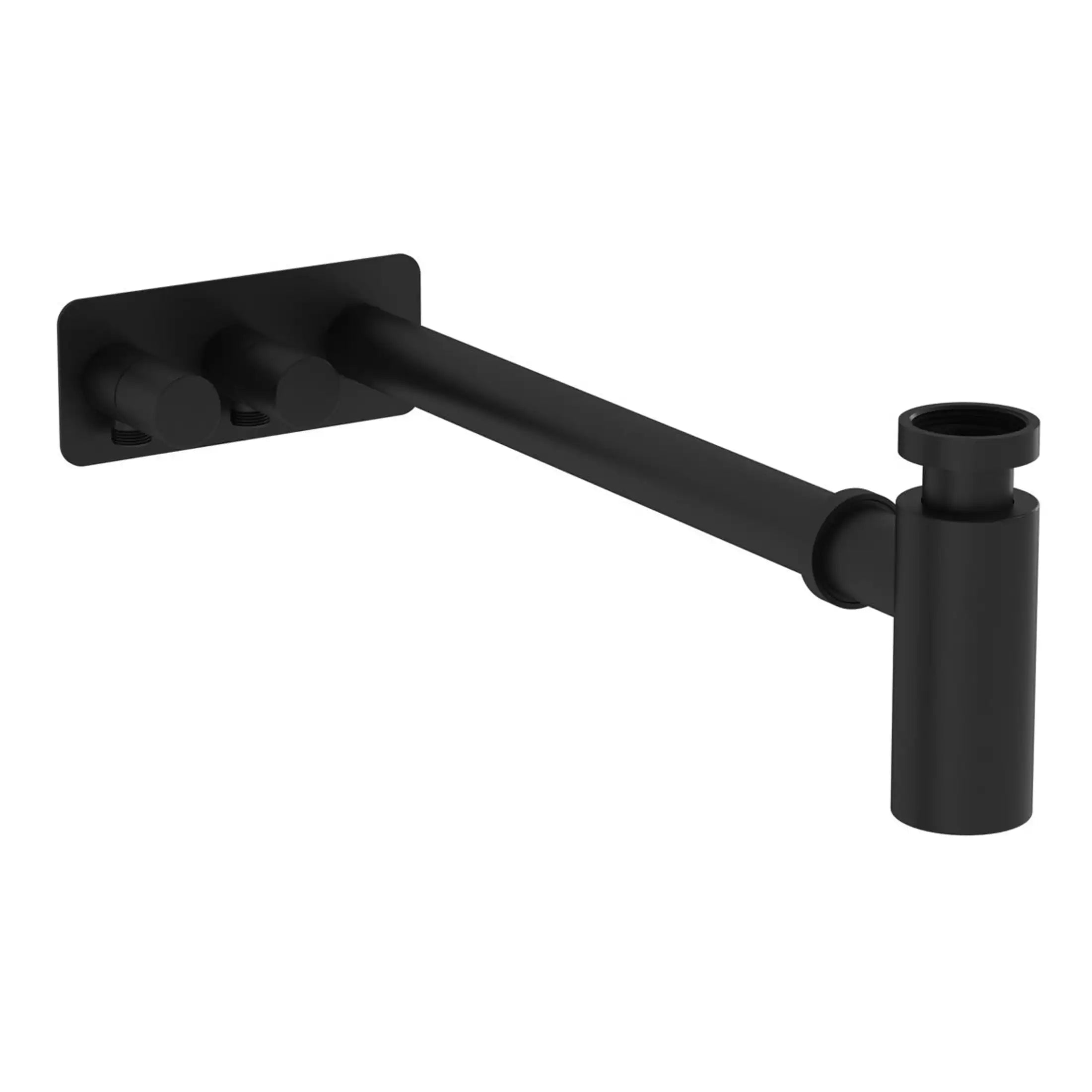 Contemporary black wall-mounted bathroom tap with a sleek, minimalist design, perfect for modern bathroom remodels or updates.