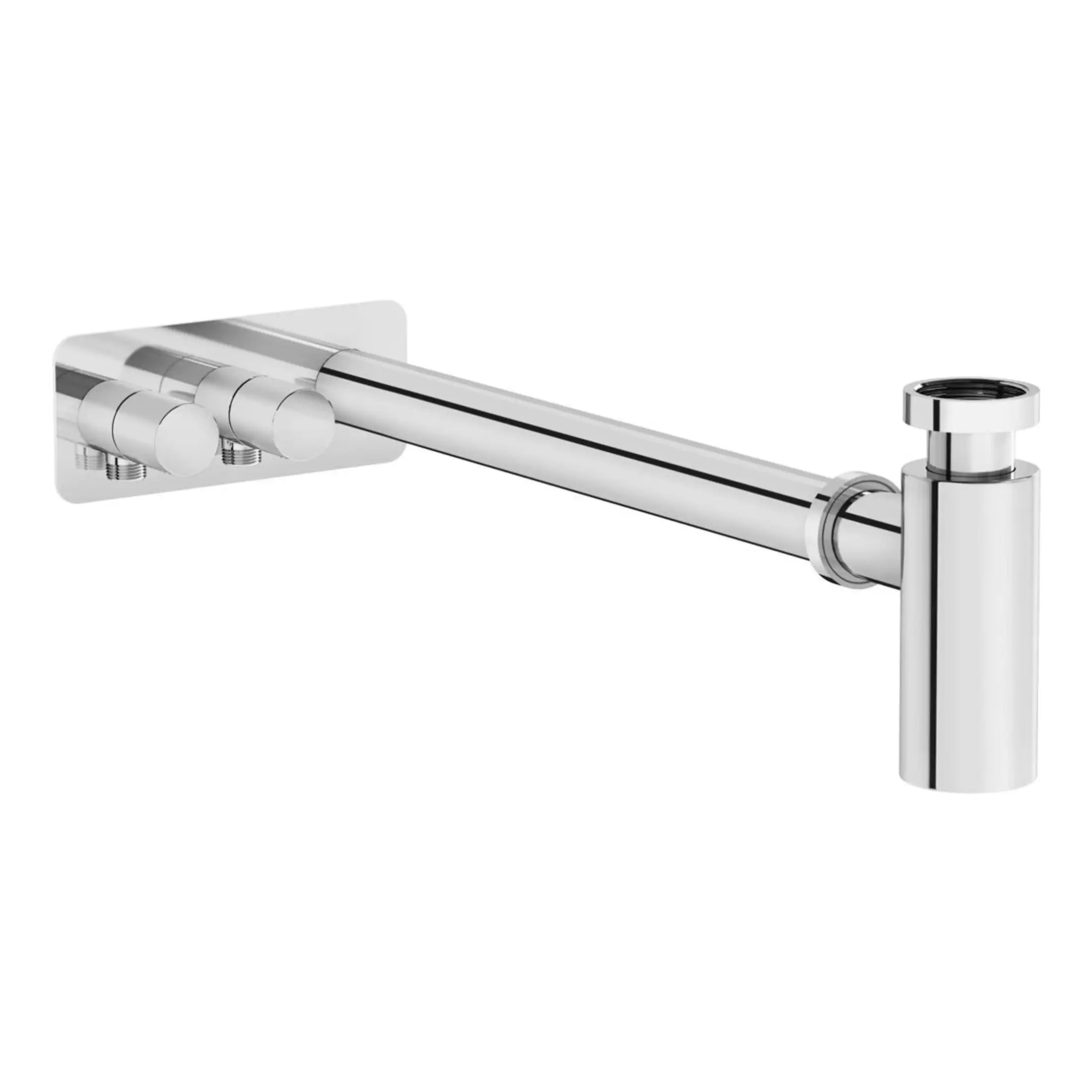 Polished chrome bathroom sink drain pipe with wall mount fixing bracket, modern plumbing fixture, suitable for contemporary bathroom designs.